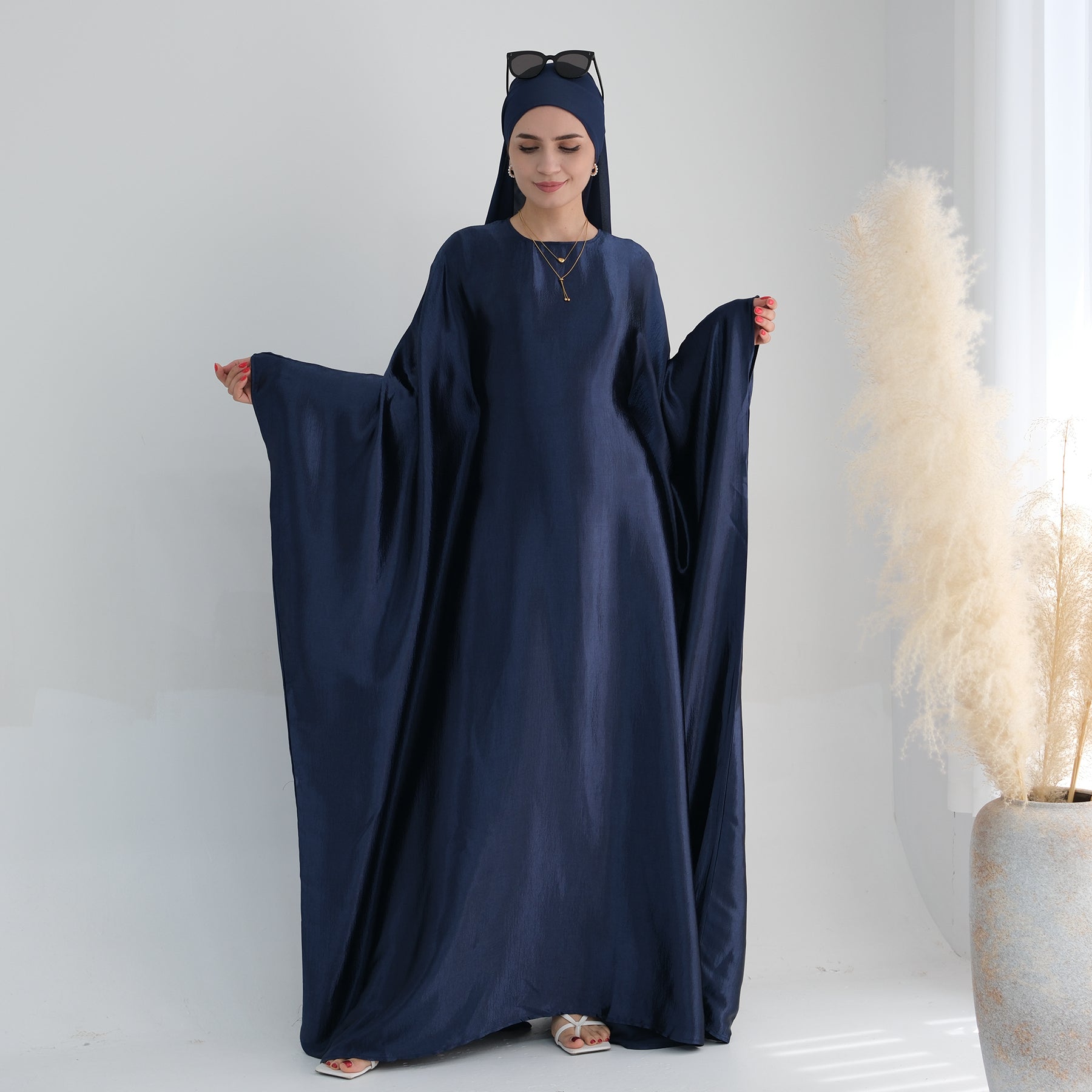Elegant Navy Blue Alisha Butterfly Satin Abaya - Modest Islamic Dress for Women, Prayer, Special Occasions & Everyday Wear