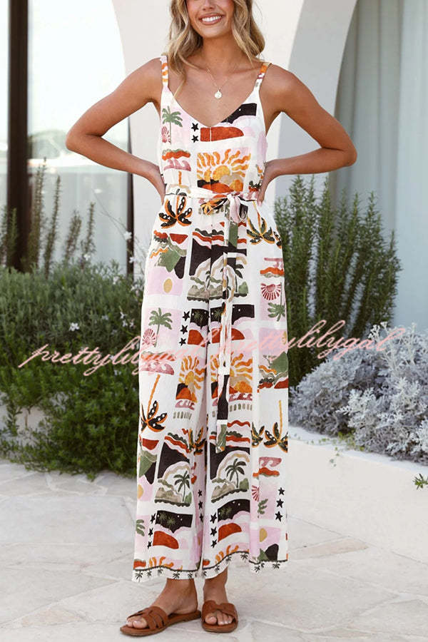Stylish V-Neck Suspenders Wide Leg Jumpsuit with Beach Vacation Print - Perfect for Summer Outfits, Casual Wear & Vacation Essentials