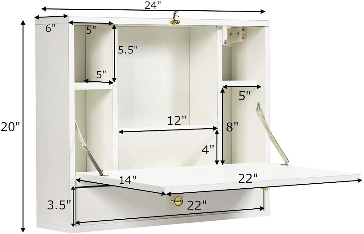 Topment Wall Mounted Folding Desk - Space Saving Home Office Workstation with Storage | White Hanging Laptop Desk for Small Spaces | Perfect for Bedroom, Study & Apartment Workspaces