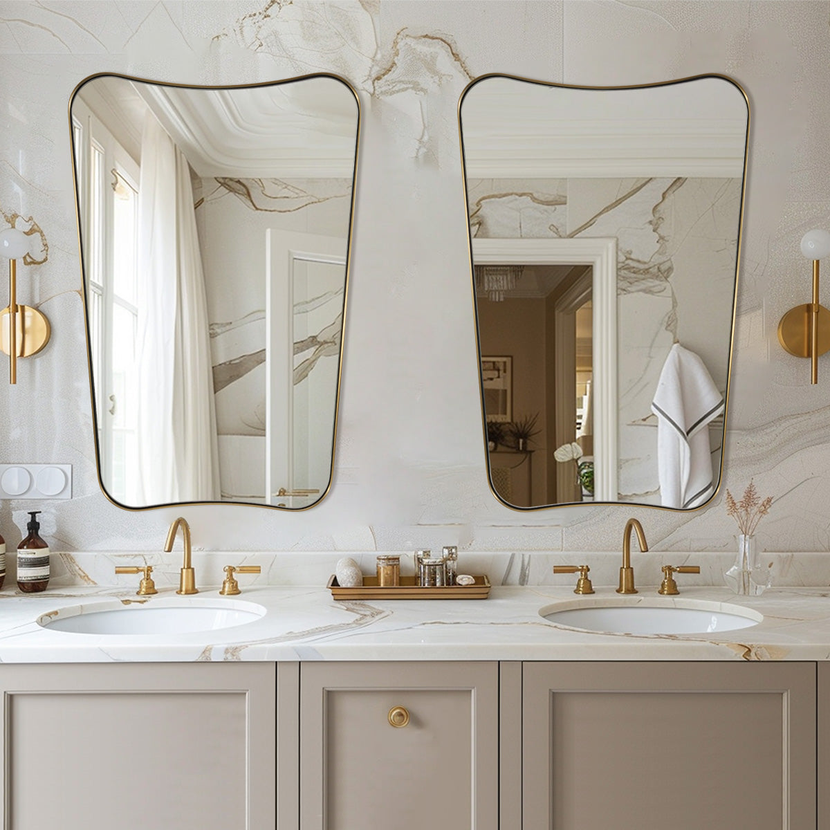 Modern Concave Top Rectangle Irregular Scalloped Bathroom Wall Mirror with Stainless Steel Frame - Perfect for Vanity, Powder Room & Modern Home Decor