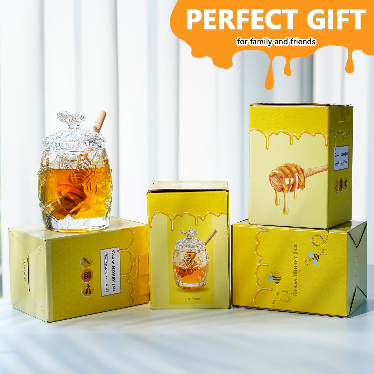 Premium Clear Crystal Honey Jar with Dipper & Lid - 4.5oz Glass Honey Pot for Home Kitchen - Perfect for Tea, Coffee, Breakfast & Gift Giving