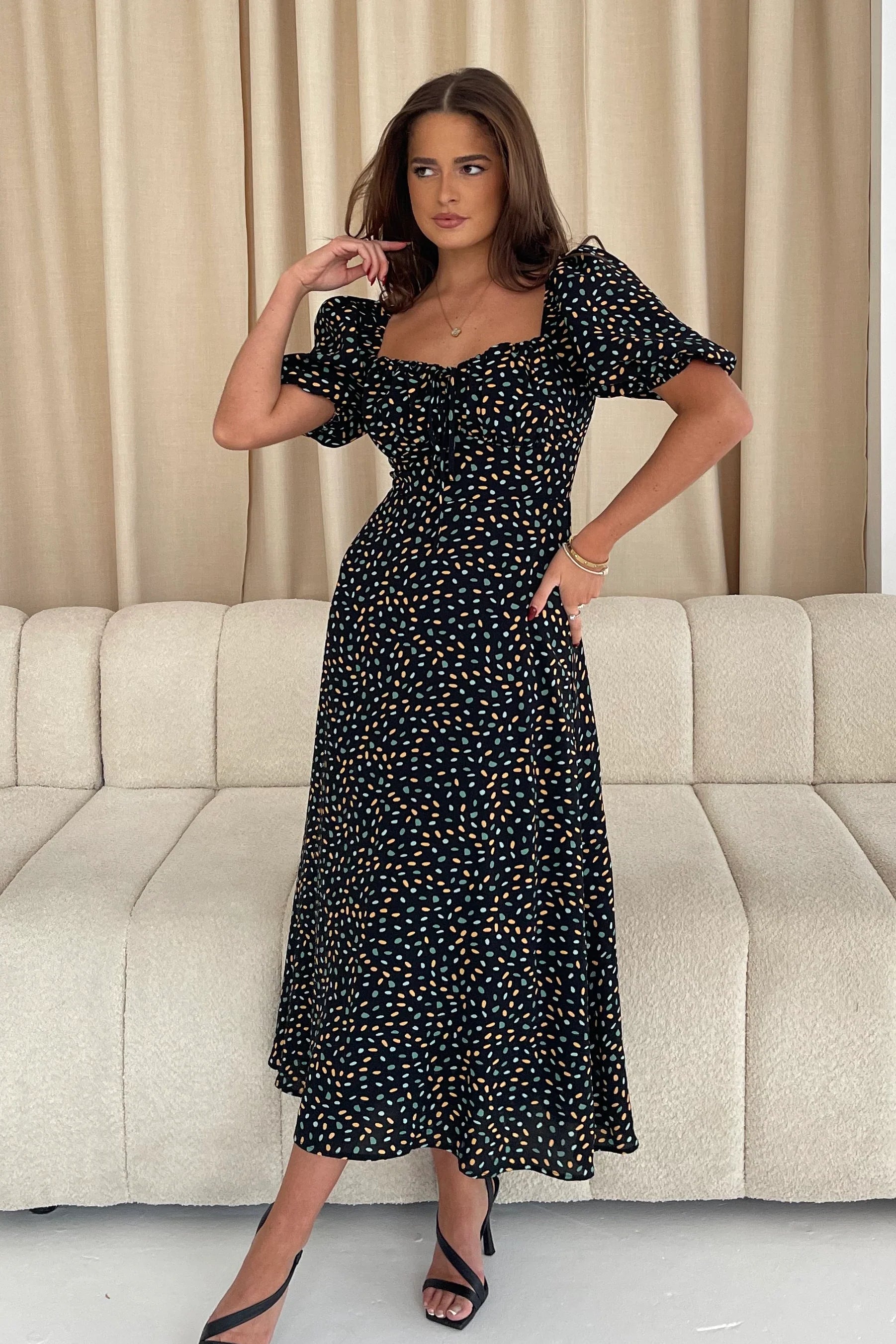 Jemima Square Neck Midi Dress for Women - Floral Print Summer Dress (Black/Multi Color) - Perfect for Beach Vacation, Date Night & Office Wear