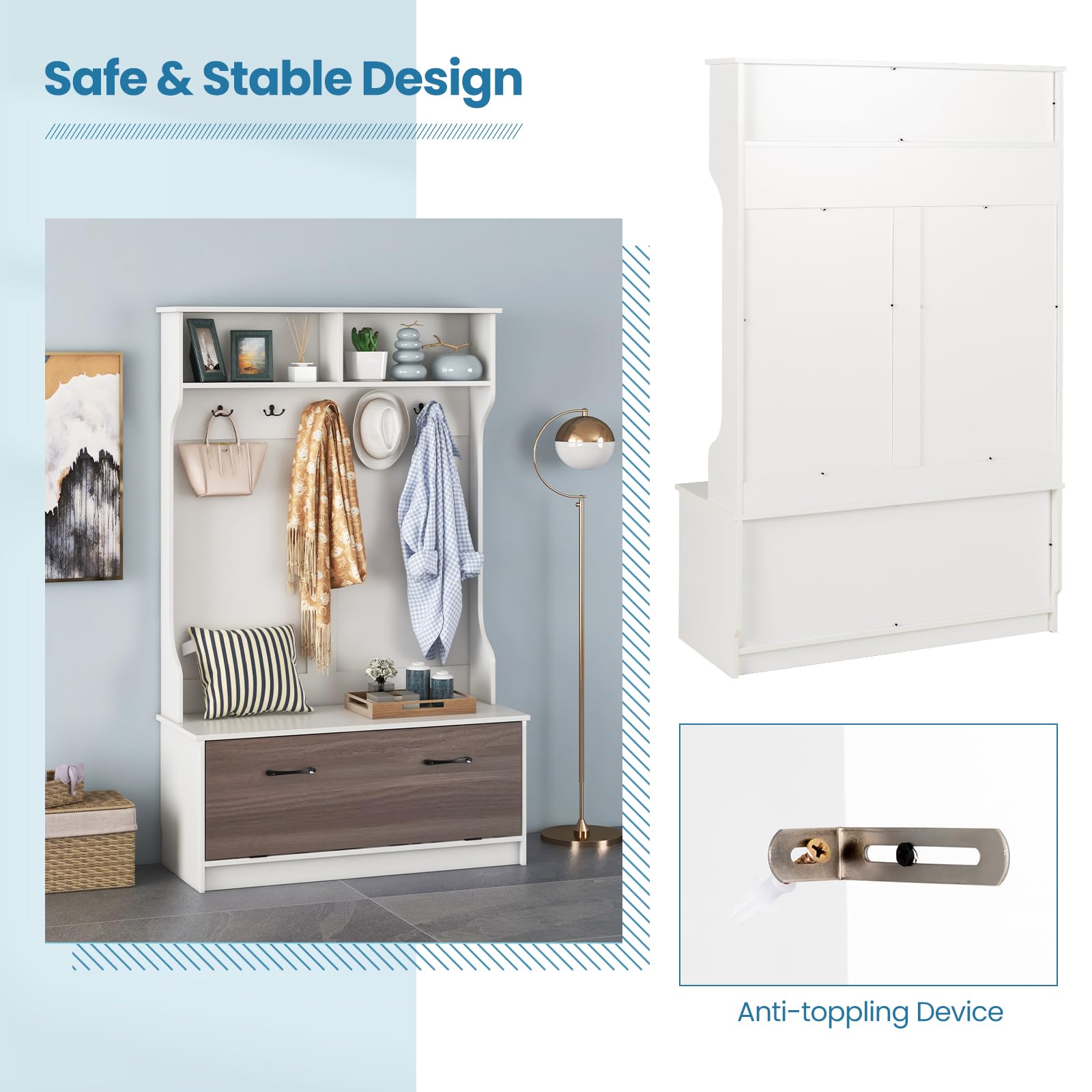 **Tangkula Hall Tree with Coat Rack & Storage Bench - 5 Double Hooks, Freestanding Entryway Organizer for Home, Bedroom, Mudroom - White | Perfect for Small Spaces, Entryway Storage & Shoe Organization**