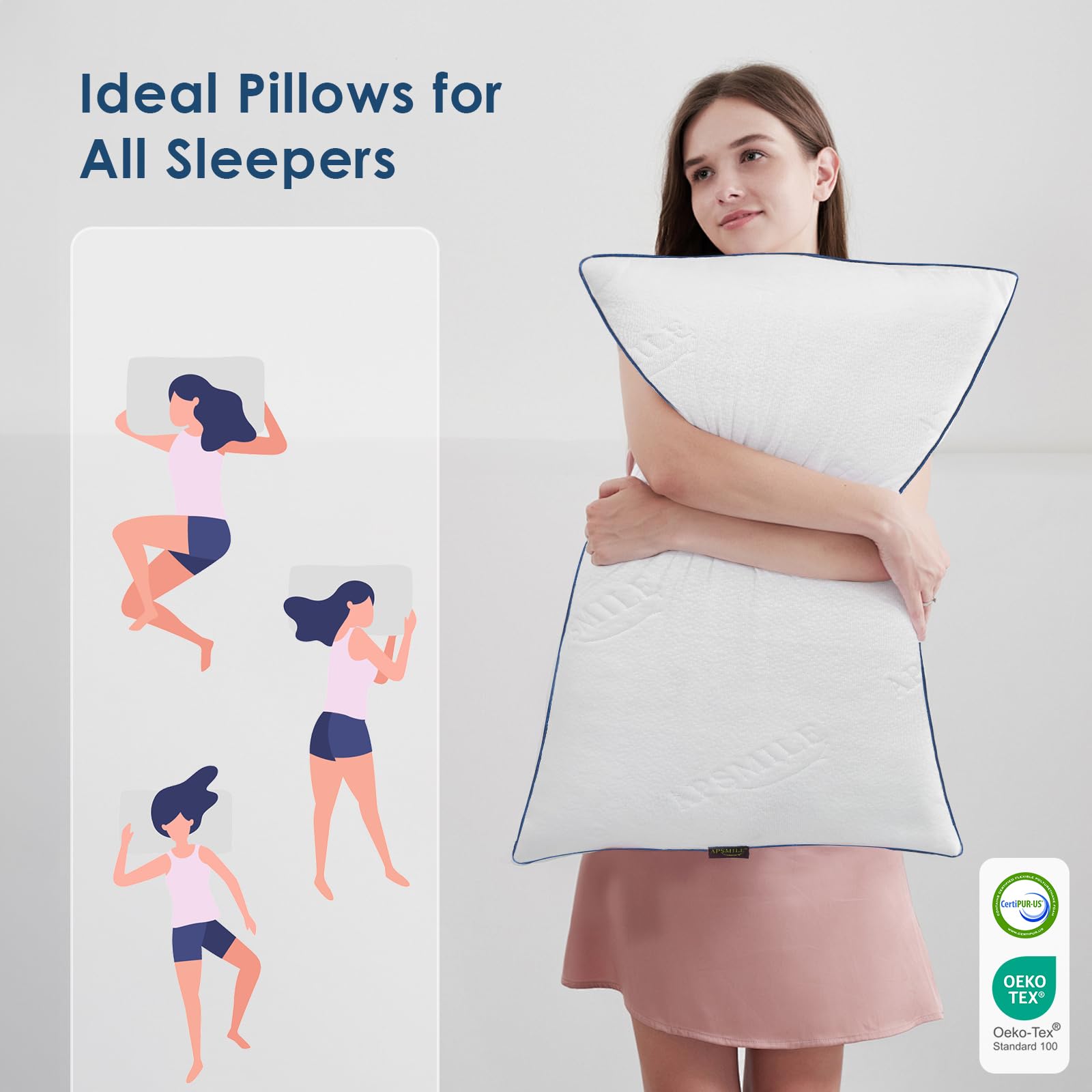 APSMILE King Size Shredded Memory Foam Pillows Set of 2 - Adjustable Cooling Pillows for Neck Pain Relief, Hotel Quality Firm Bed Pillows for Side & Back Sleepers (White, 18