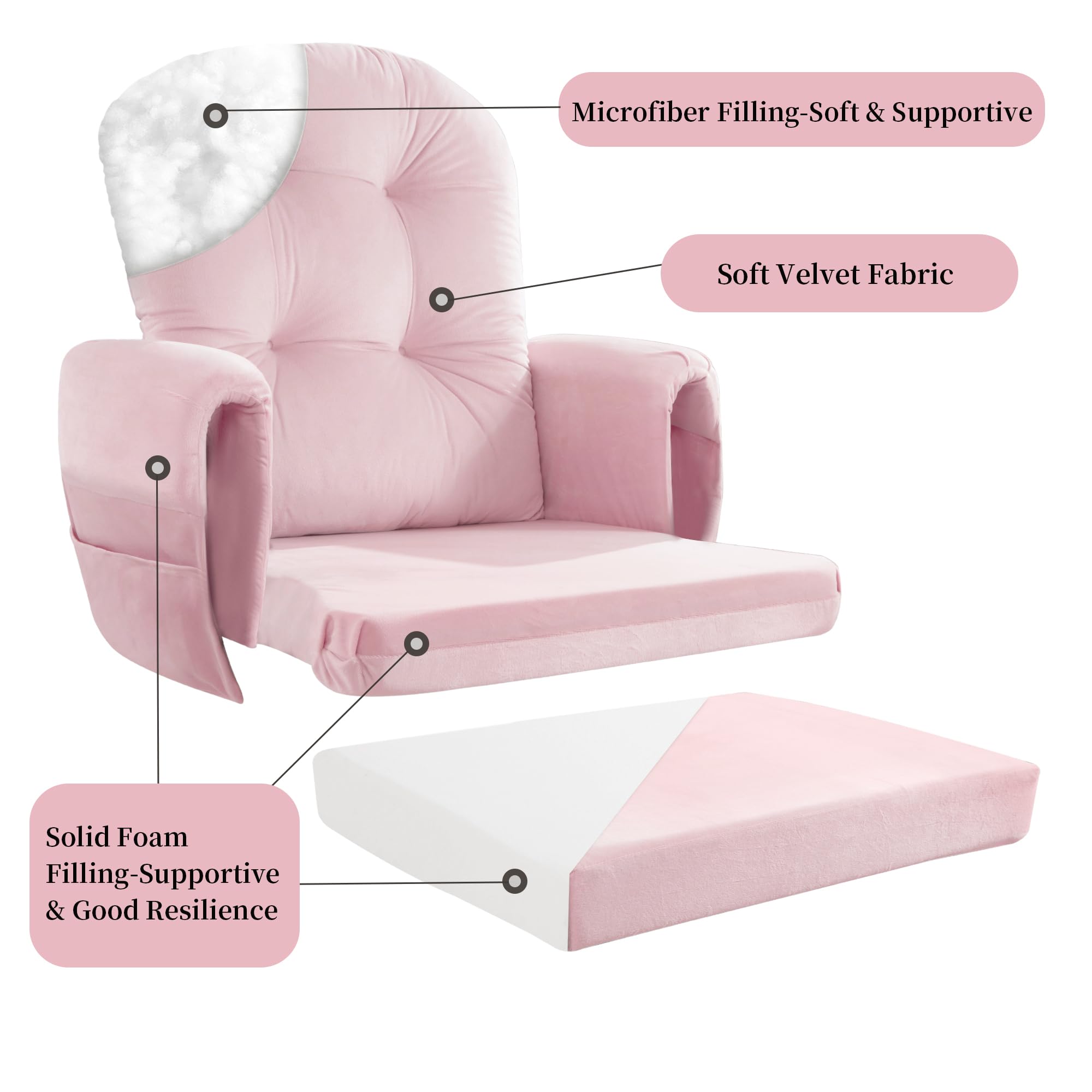 HOMBYS 8-Piece Glider Rocker Replacement Cushions Set with Storage Side Pocket - Velvet Fabric, Foam & Microfiber Filling, Non-Slip & Washable, Thickened Support for Rocking Chairs (Pink) - Perfect for Nursery, Living Room & Relaxation