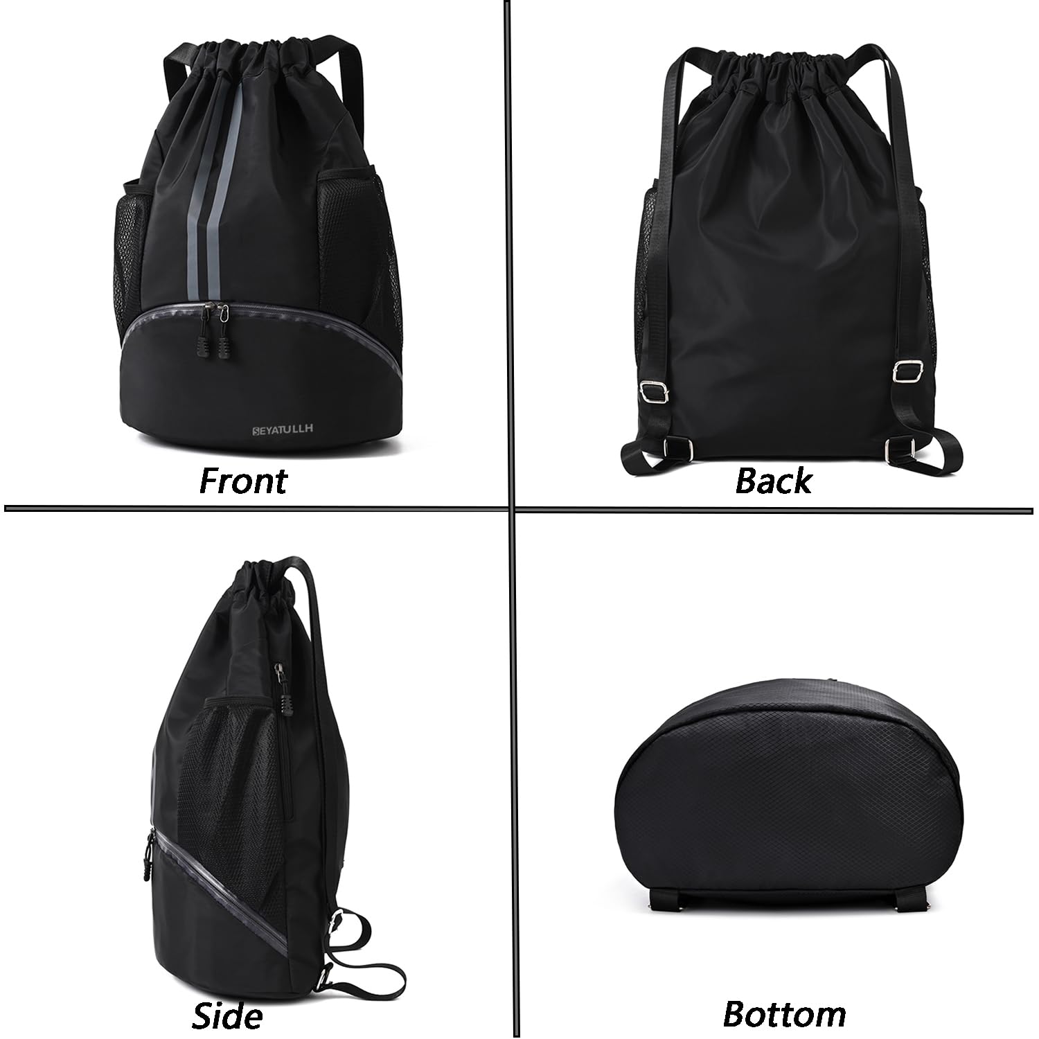 Waterproof Drawstring Gym Backpack with Shoe Compartment & Wet Pocket - 20L Lightweight Sports Bag for Men & Women - Perfect for Soccer, Basketball, Swimming, Beach, Travel & Workout (Black)