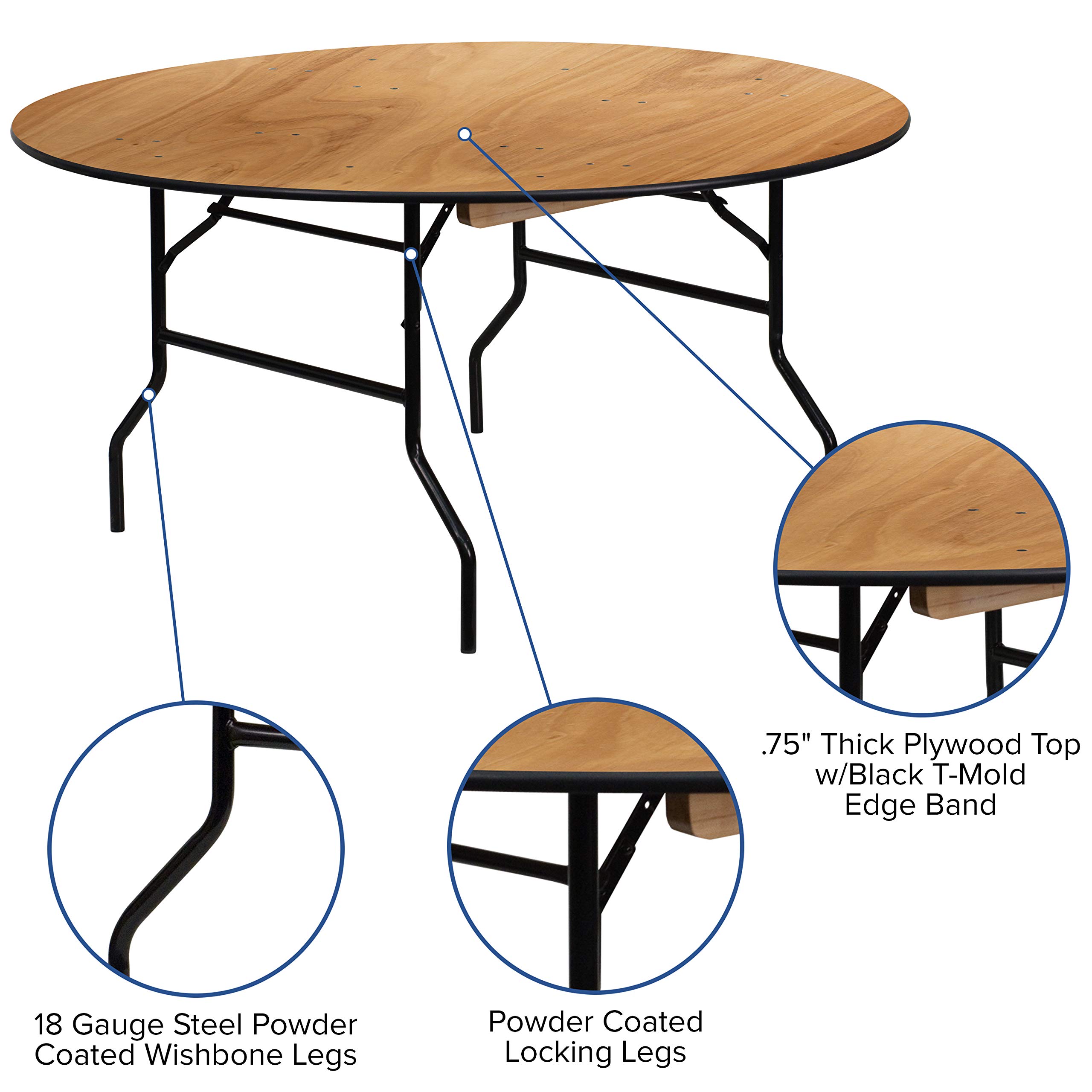 Flash Furniture Furman 5' Round All-Occasion Wood Folding Event Table - Foldable Round Portable Banquet Table with Wooden Top, Natural/Black - Perfect for Parties, Weddings, Meetings & Outdoor Events