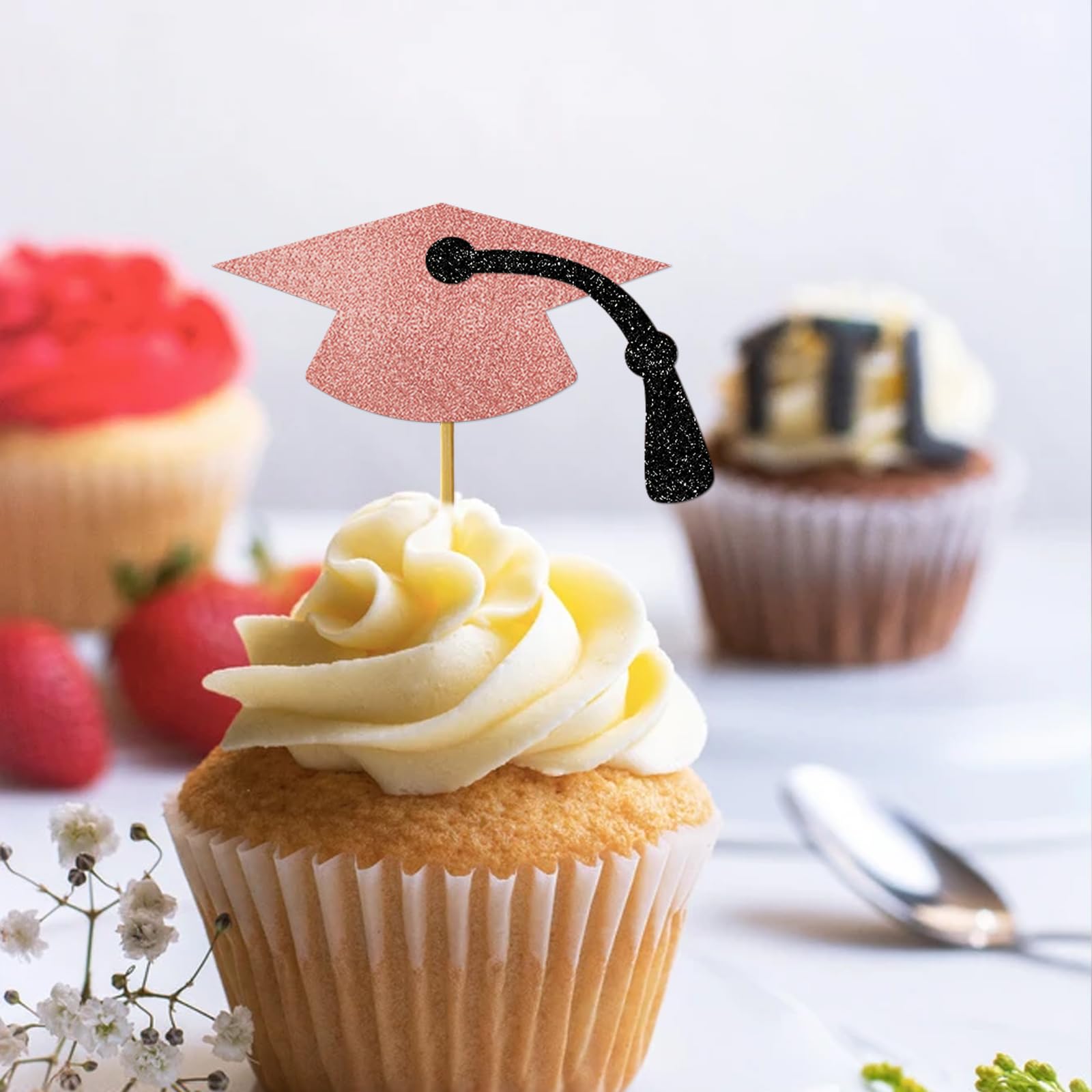 2025 Graduation Cupcake Toppers - Rose Gold Graduation Hat Decorations for Class of 2025 | Perfect for Graduation Party, Cake Decorating & School Celebration