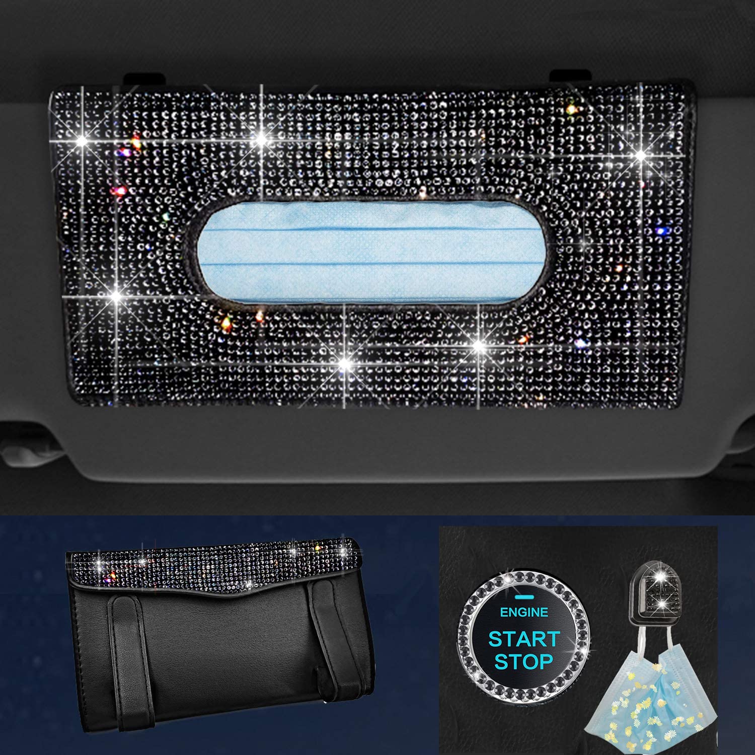 Upgraded Crystal Sparkling Car Tissue Holder - Full Jewelled Bling Visor Mask Tissue Box Cover with PU Leather Back - Black Car Accessory for Luxury Vehicles & Daily Commute