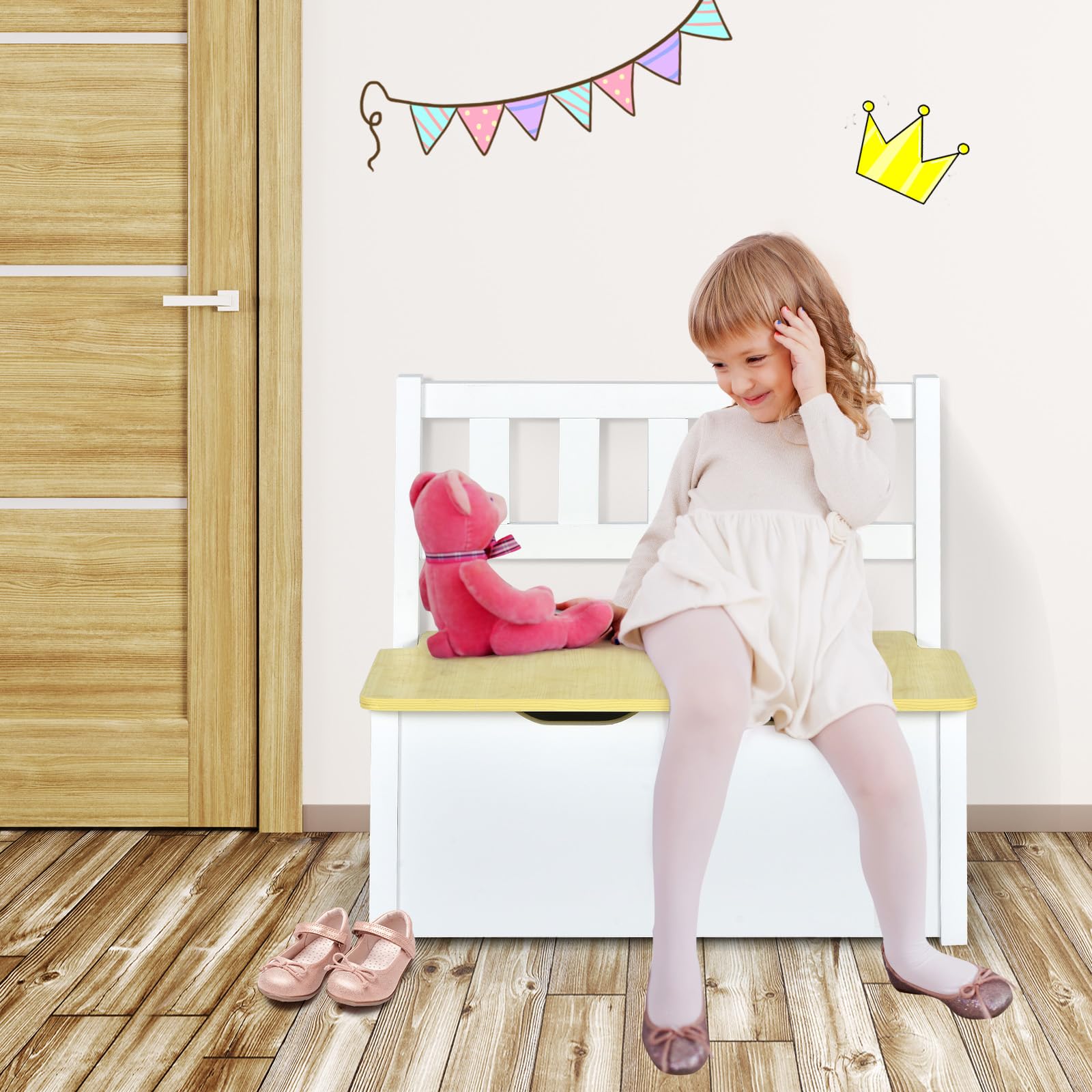 KOTEK 4-Piece Kids Table and Chair Set with Toy Storage Bench - Natural Wood Toddler Activity Table for Arts, Crafts, Snack Time - Perfect for Playroom, Kindergarten & Bedroom (Ideal for Learning, Drawing & Pretend Play)