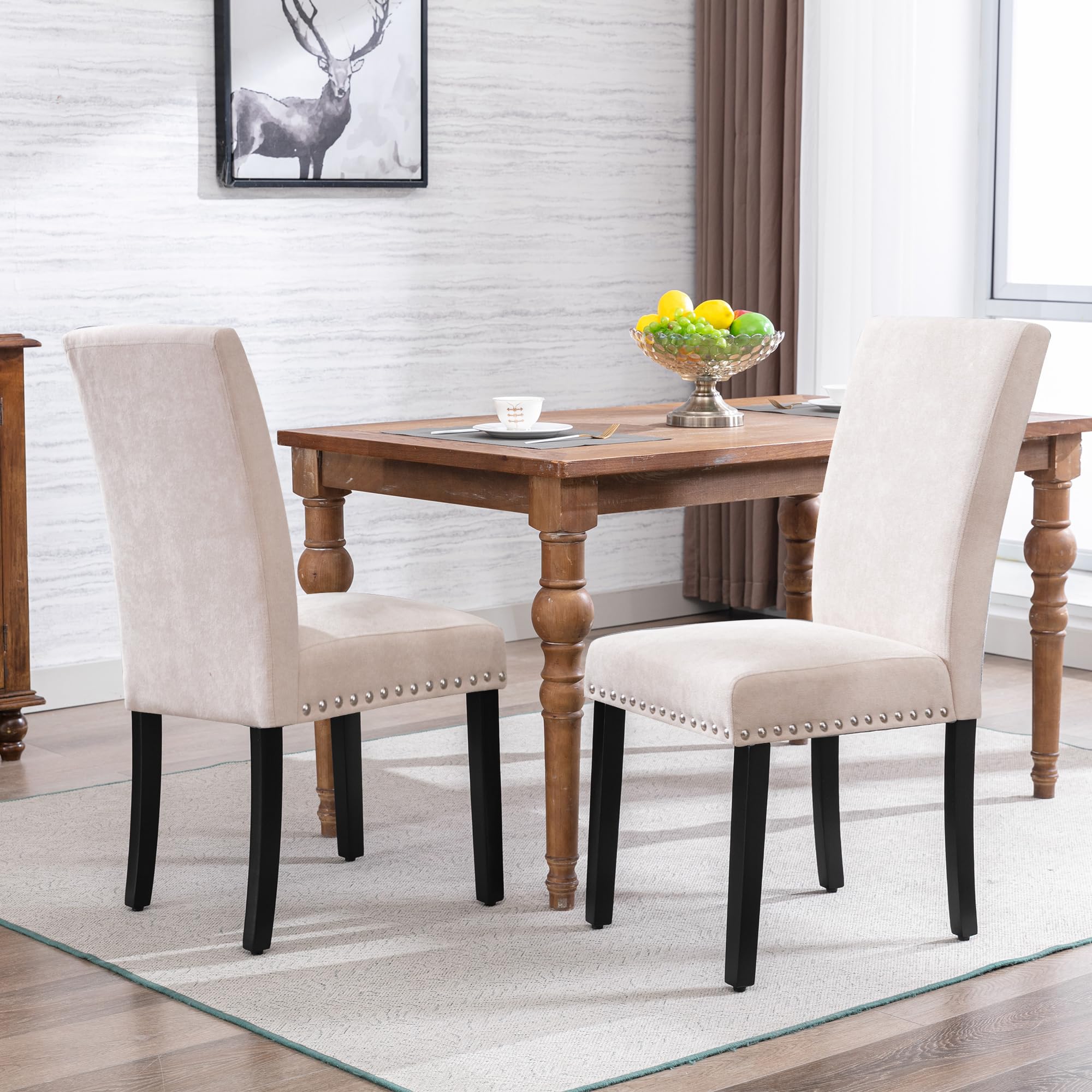 GOTMINSI 4-Piece Upholstered Dining Chair Set - Beige Padded Parson Kitchen Chairs with Silver Nail Accents & Solid Wood Legs for Dining Room, Kitchen, Breakfast Nook, and Home Decor
