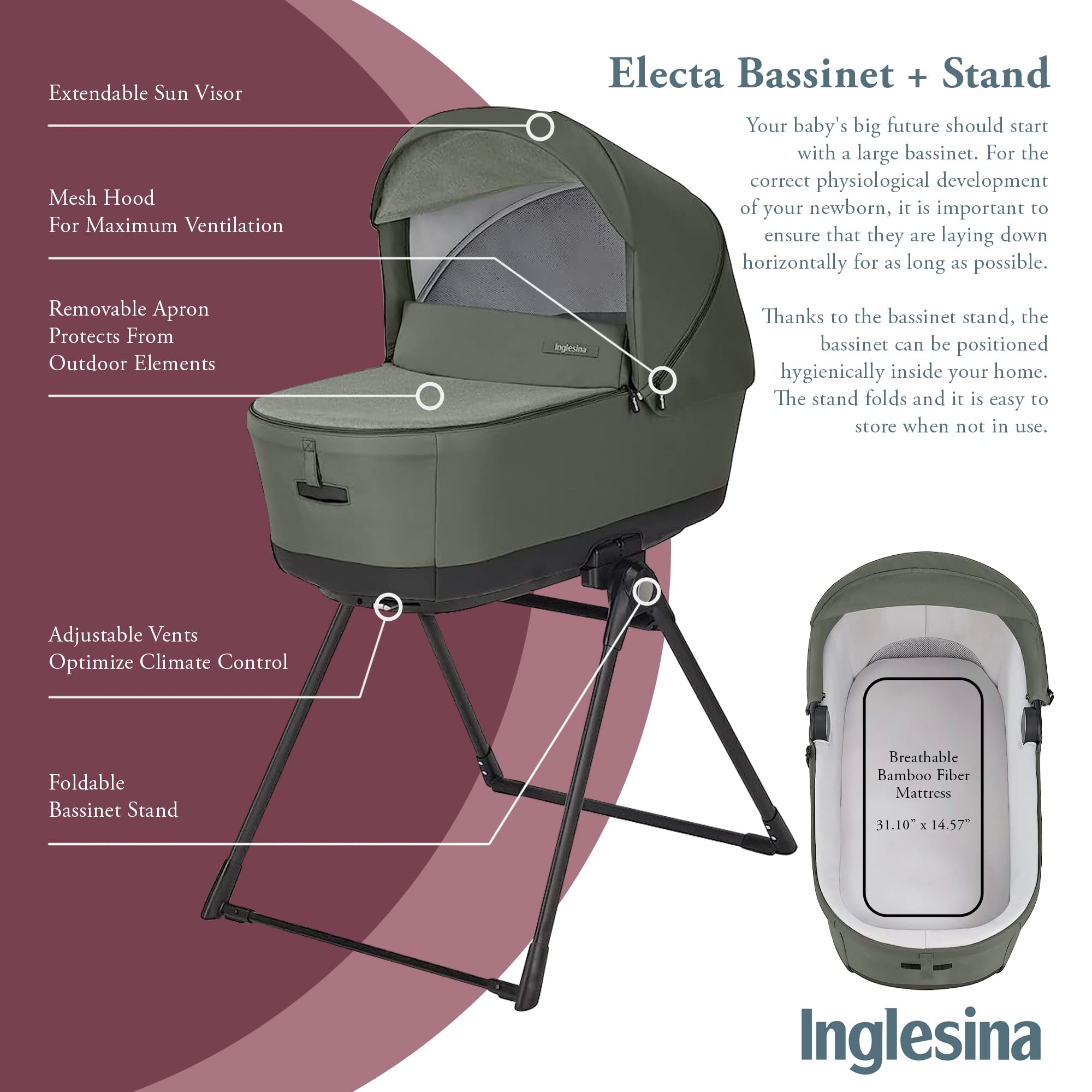 Inglesina Electa Bassinet & Stand for Newborns & Babies up to 6 Months - Portable Crib with Ventilation System, Cover & Canopy - Compatible with Electa Stroller - Tribeca Green - Perfect for Overnight Sleep, Nursery & Travel Use