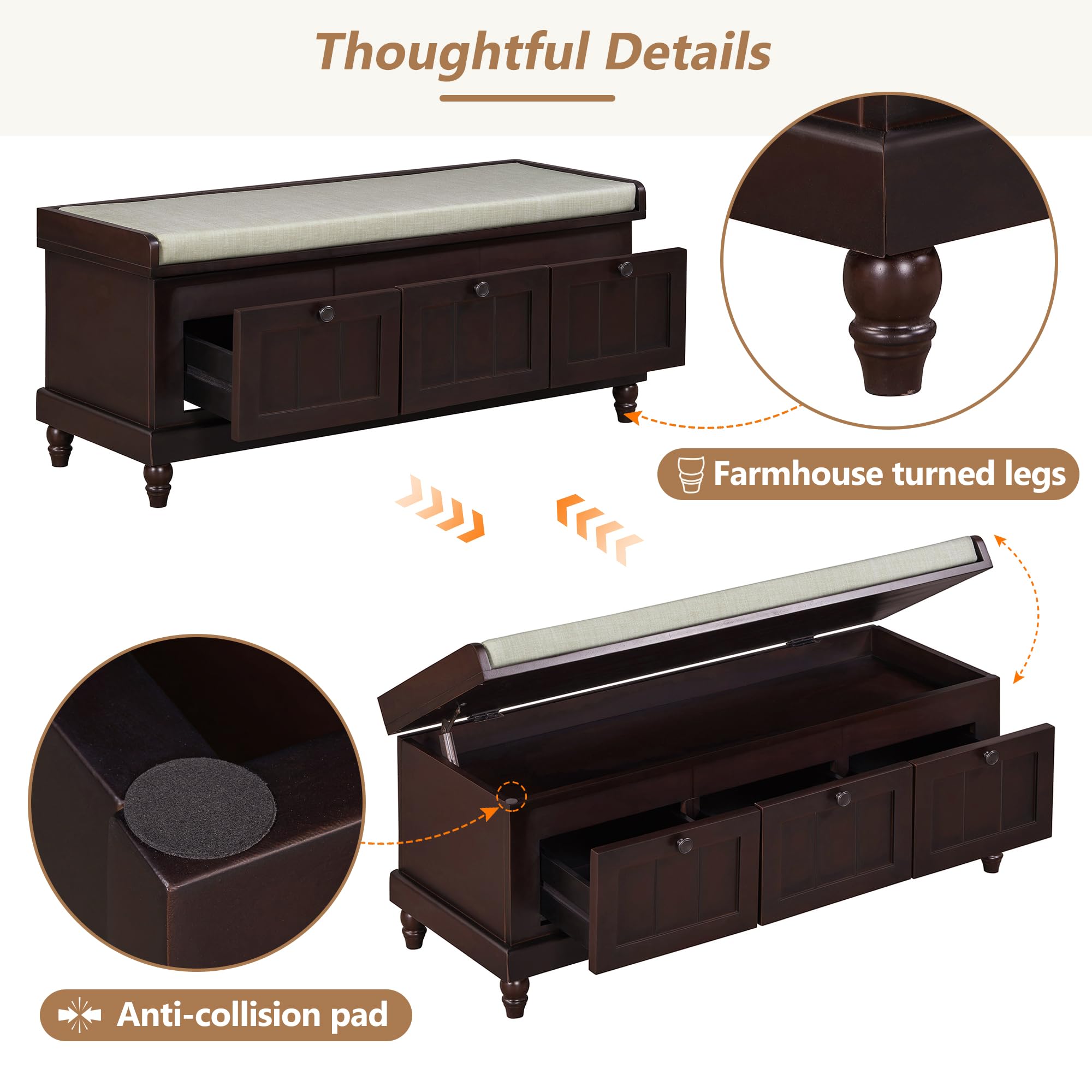 Farmhouse Storage Bench with 3 Drawers - Wooden Entryway Shoe Bench with Cushion for Living Room & Hallway Storage