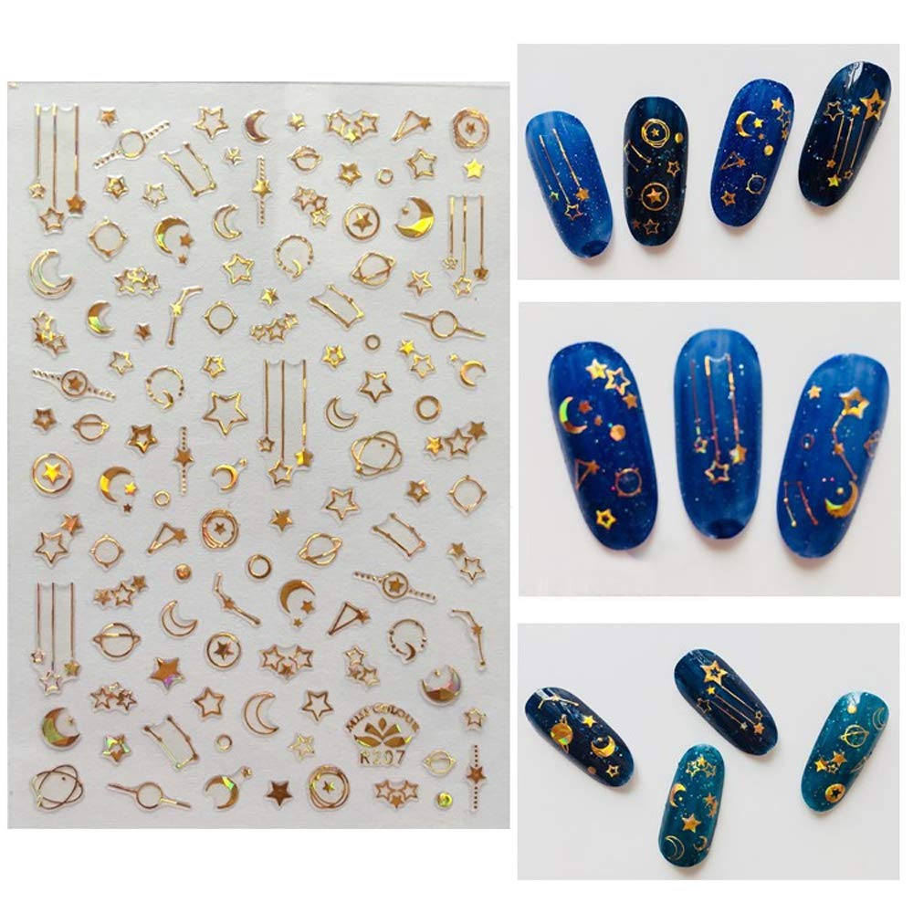 Yiicon 5 Sheets 3D Nail Art Stickers - Metallic Star & Moon Glitter Nail Decals for Acrylic & UV Gel Nails | Self-Adhesive Nail Art Designs for Salon, Home Manicure & Party Nail Decor