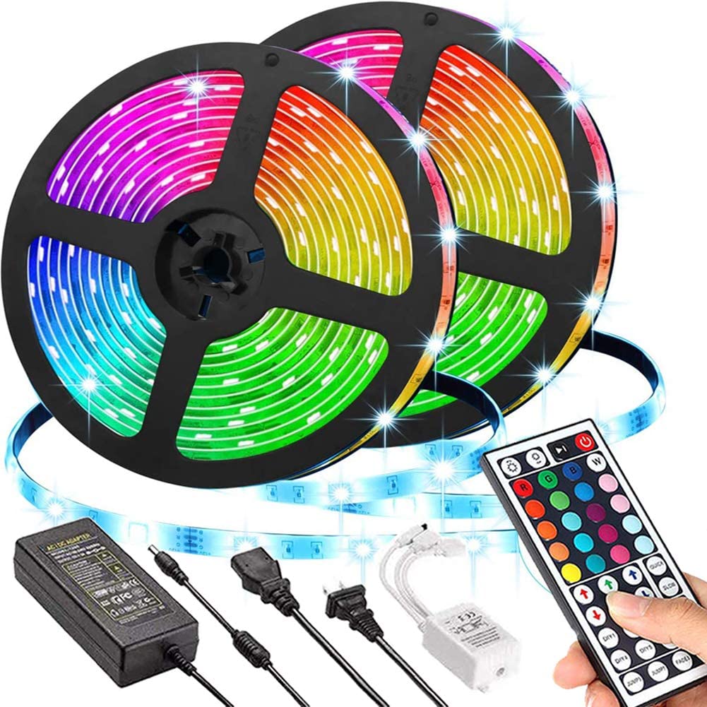 YORMICK 32.8ft Waterproof RGB LED Strip Lights - 5050 Color Changing Tape Lights with 300 LEDs, IR Remote & 12V Power Adapter for Bedroom, Home Decor & Party Lighting
