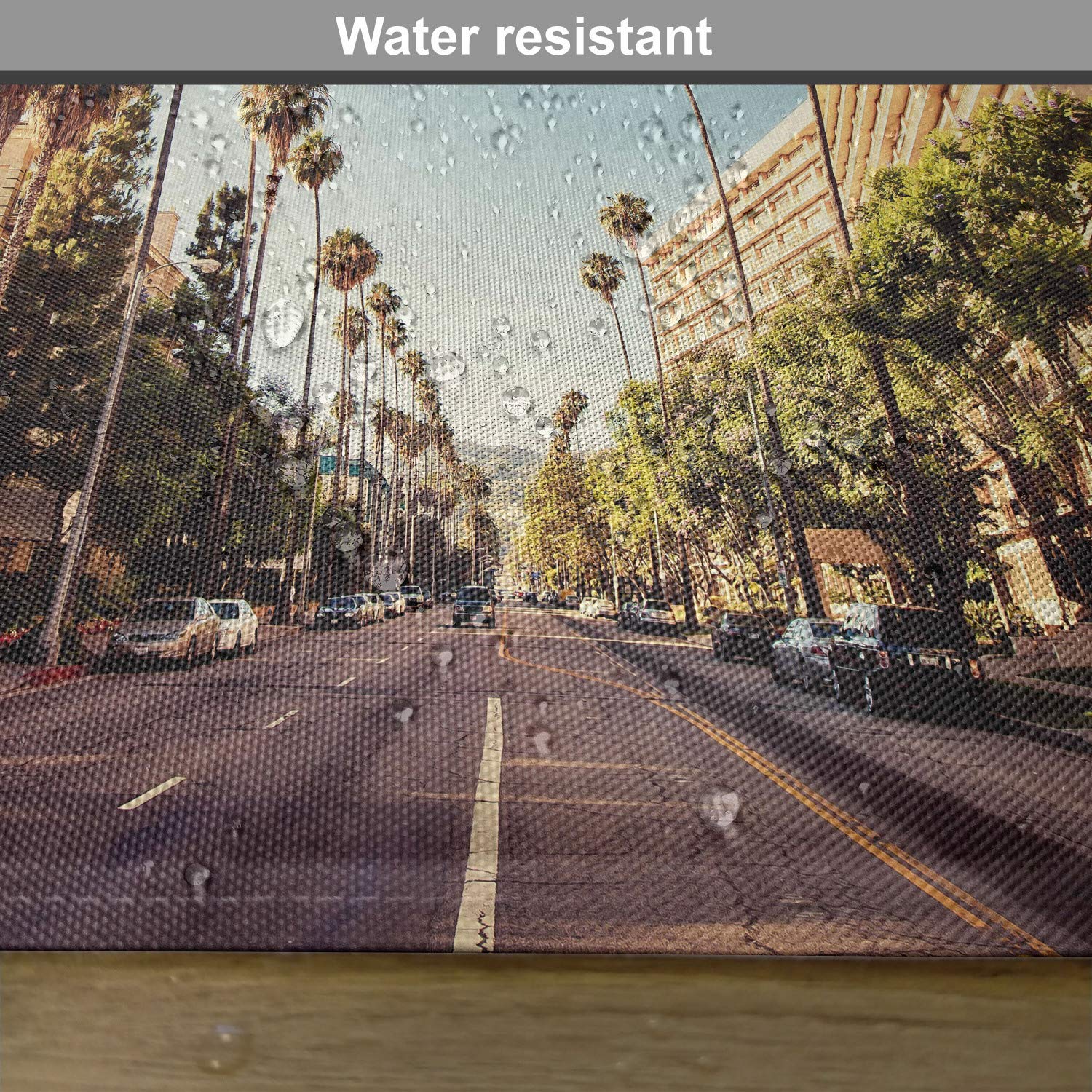 Ambesonne Urban Place Mats Set of 4 - Beverly Hills California Street Scene with Palm Trees & Houses - Washable Fabric Placemats for Dining Table & Kitchen Decor in Pale Blue, Peach & Green - Perfect for Dinner Parties, Family Gatherings & Home Styling