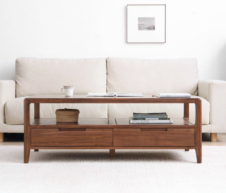 Solid Black Walnut Wood Coffee Table with 4 Drawers - Rustic Modern Living Room Furniture for Home Decor