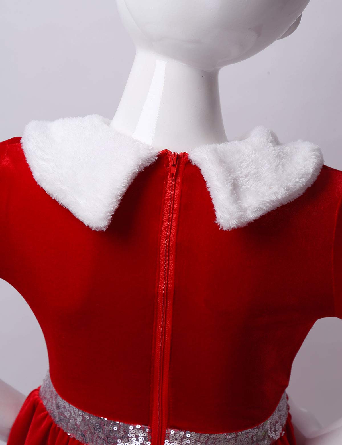 Kids Girls Long Sleeve Faux Fur Velvet Christmas Costume Ice Figure Skating Twirling Dress Dancewear - Holiday Party, Winter Performance, Recital Outfit