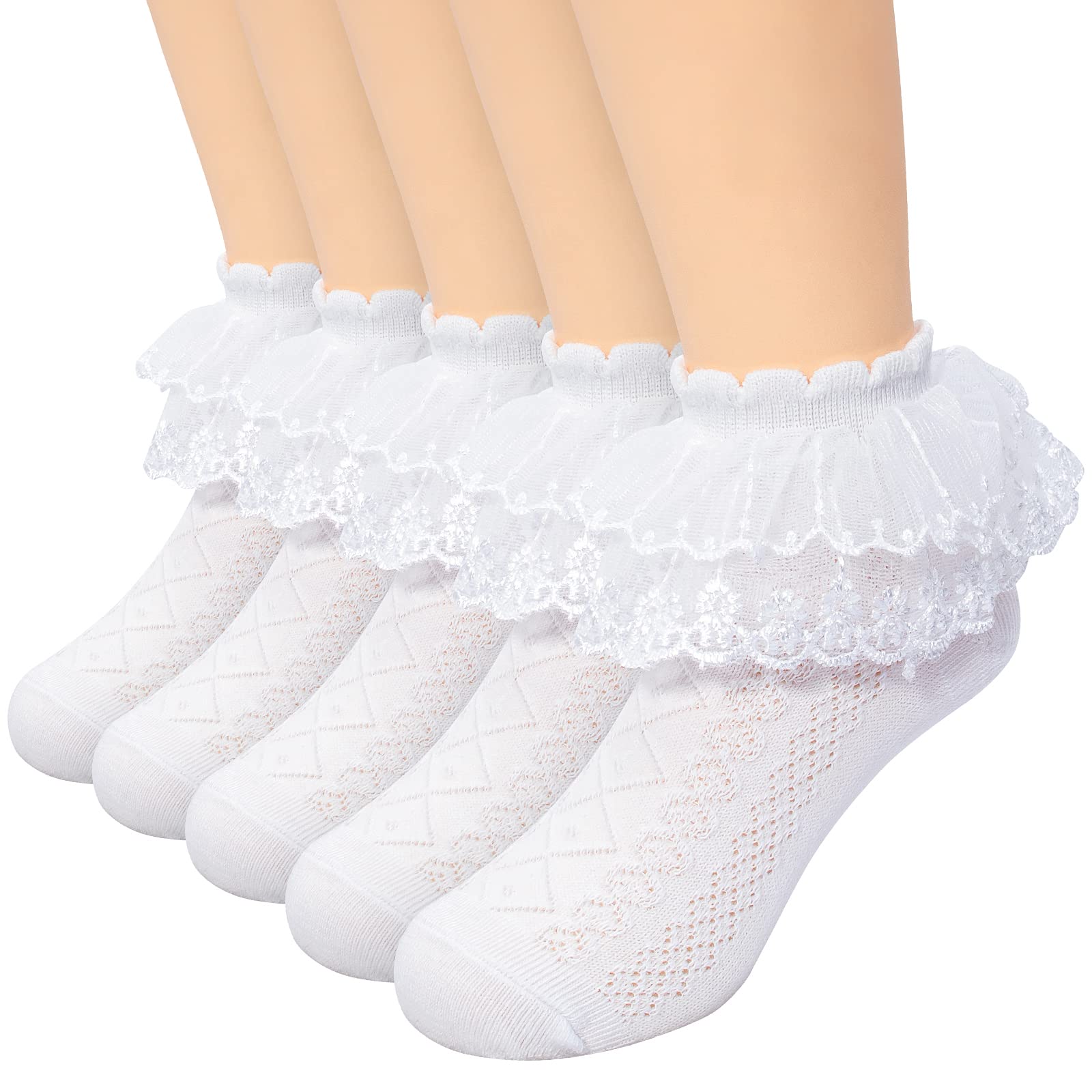 Looching 5 Pairs Baby Girls Ruffle Lace Socks - Soft Cotton Eyelet Mesh Frilly Ankle Socks for Toddlers 2-13T - Perfect for Princess Dresses & Special Occasions
