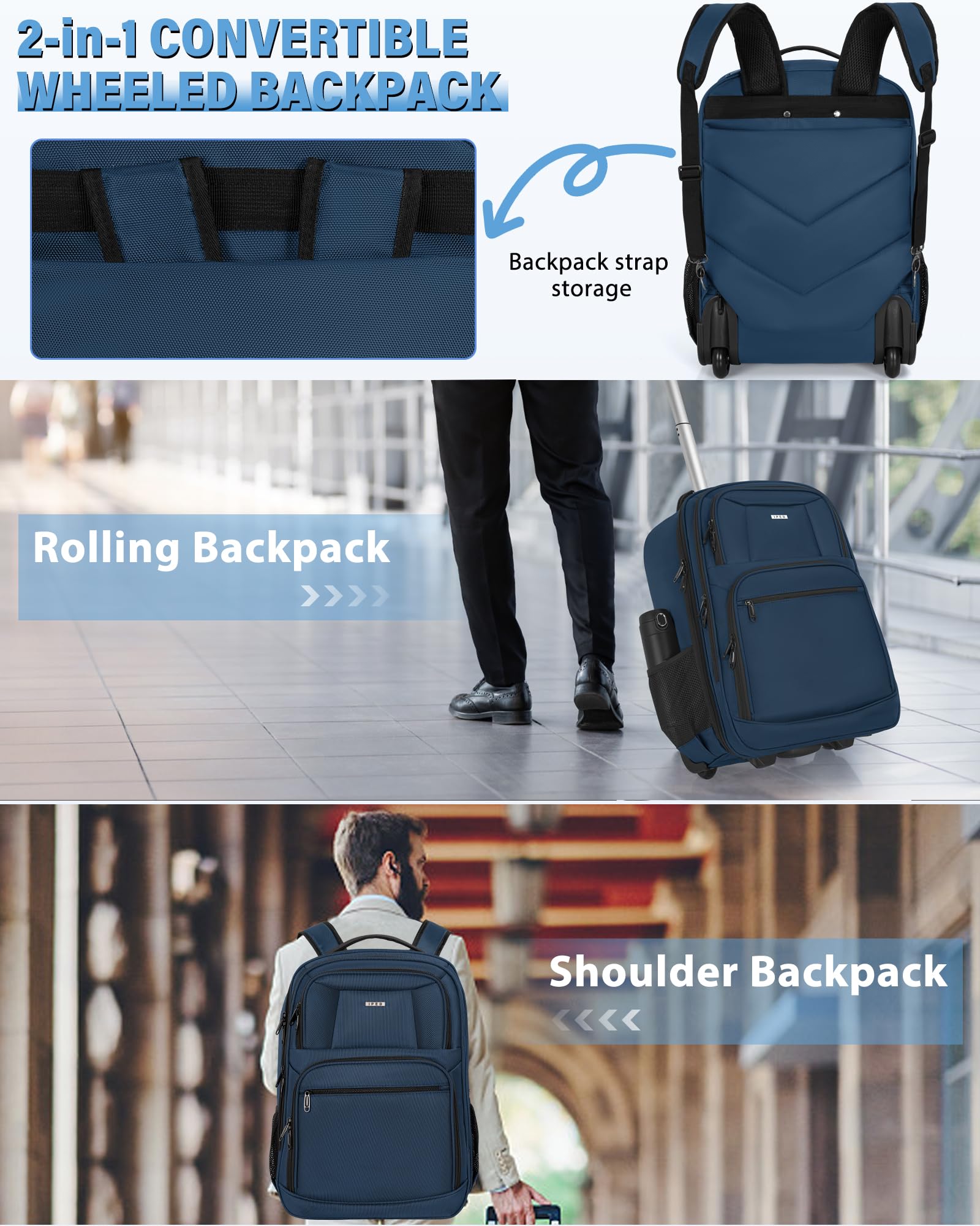 Waterproof Rolling Business Backpack with Wheels - Fits 18 Inch Laptop, Trolley Travel Bag for Commuters & Business Trips (Blue) - Perfect for Airports, Office & Daily Commute