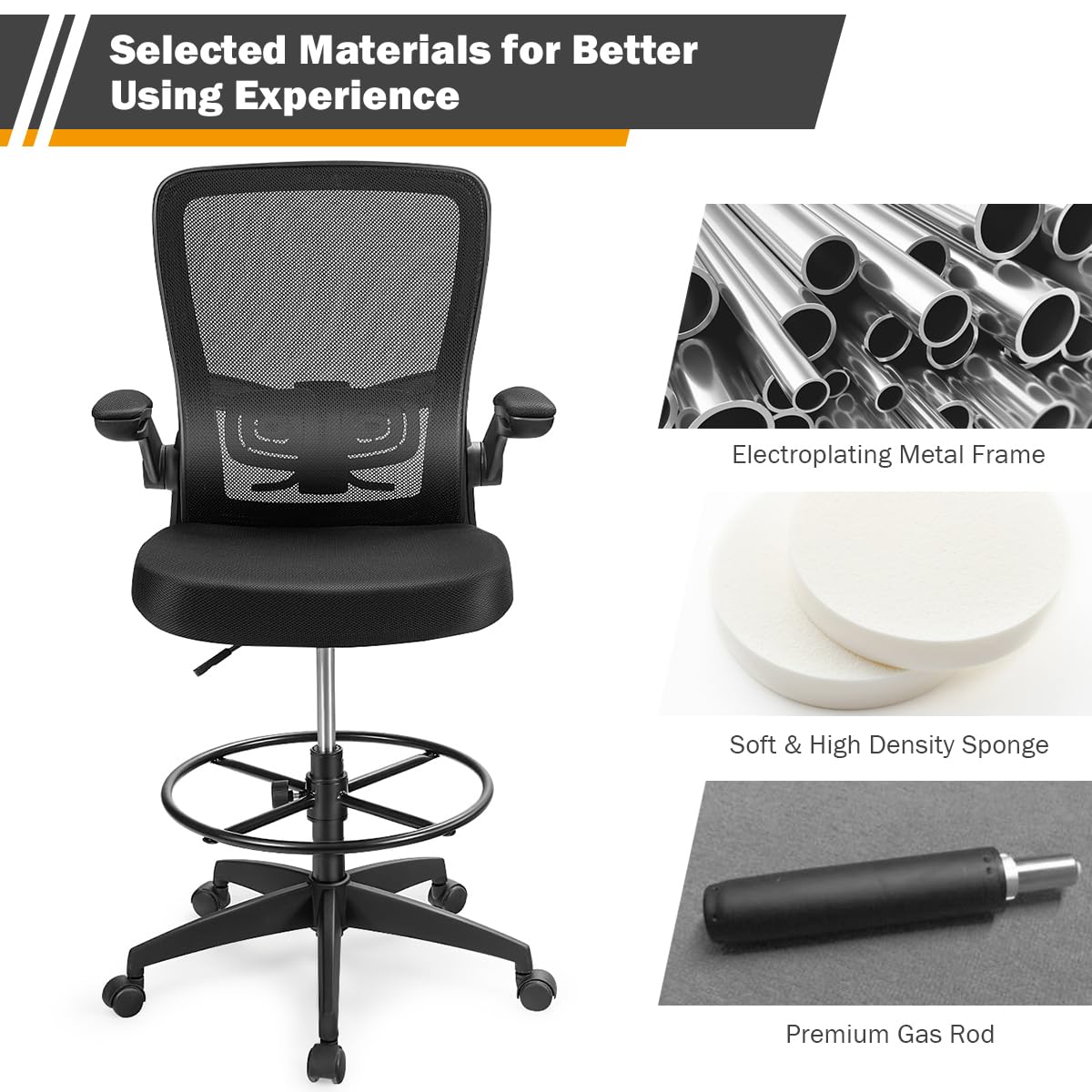 Giantex Ergonomic High Back Drafting Chair with Footrest - Adjustable Height, Flip-Up Armrests & Lumbar Support - Mesh Office Chair for Architects, Designers & Tall Users - Perfect for Home Office, Studio & Computer Workstations