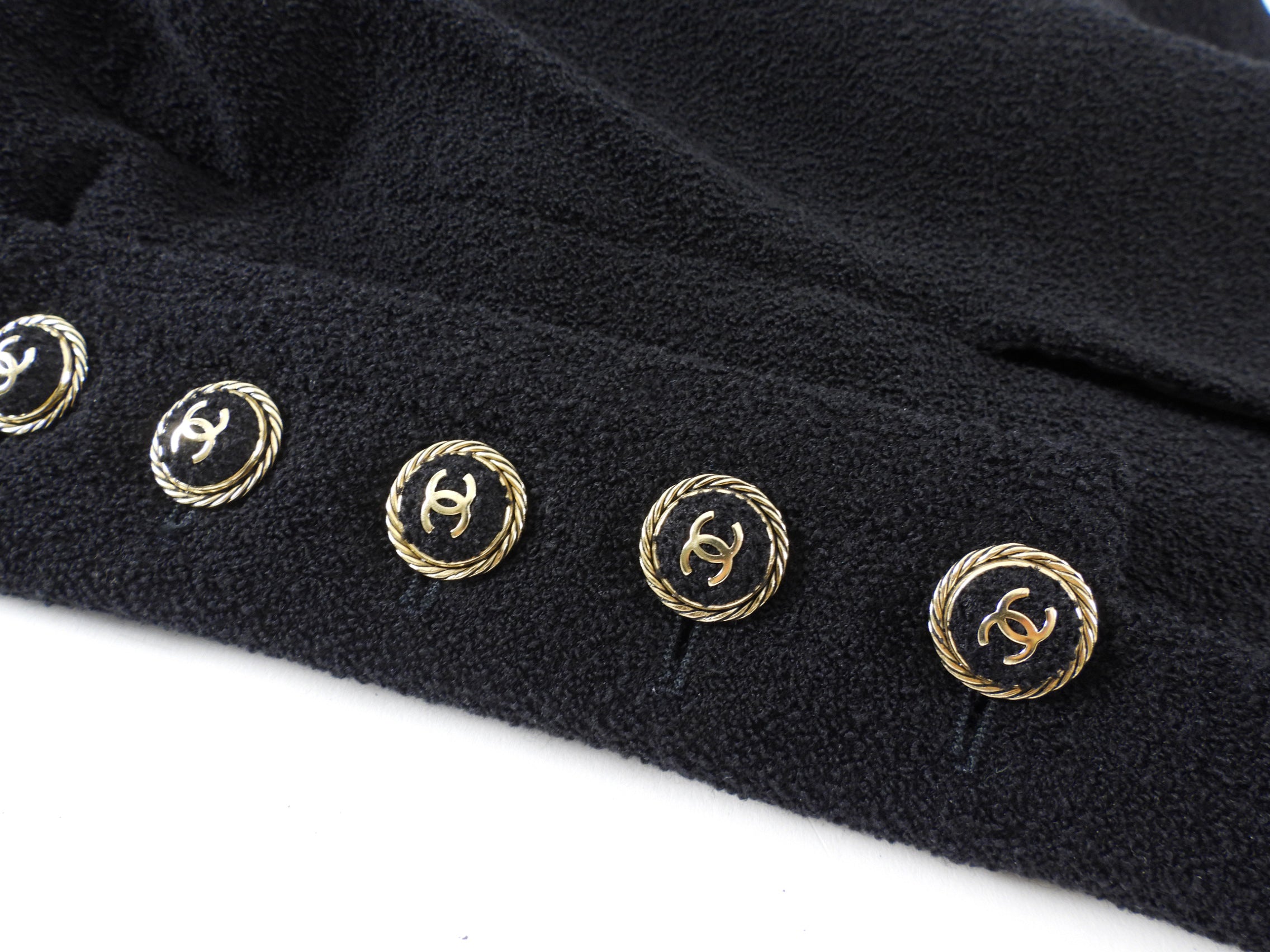 Chanel 07P Black Classic Skirt Suit with Gold CC Buttons - Women's Luxury Tweed Jacket & Skirt Set Size FR40 / US8 for Office, Wedding & Special Occasions