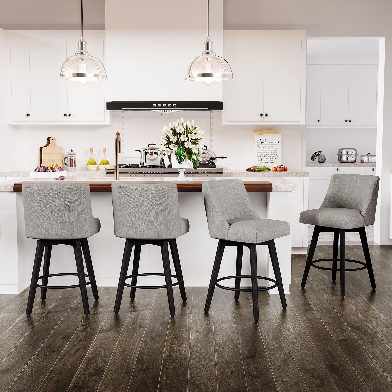 26 Inch Counter Height Swivel Bar Stools Set of 4 with Footrest - Linen Fabric Upholstered Barstools with Back Support & Solid Wood Legs - Perfect for Kitchen Island, Dining Room, Pub or Home Bar - Light Grey Modern Seating