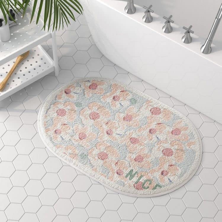 VCTOPS Elegant Floral Printed Bathroom Rug Mat - Ultra Soft, Water Absorbent & Non-Slip Bath Carpet for Shower, Bathtub & Vanity Areas - Machine Washable Plush Oval Bath Mat (Flower A, 16