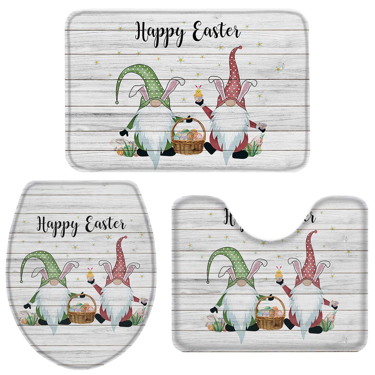 3-Piece Bath Rug Set - Non-Slip Gnome Easter Bunny Egg Bathroom Decor, U-Shaped Toilet Floor Mat & Seat Cover - Farmhouse Rustic Wood Style for Cozy Bathroom Makeover (Perfect for Easter Decorations & Farmhouse Bathroom Themes)