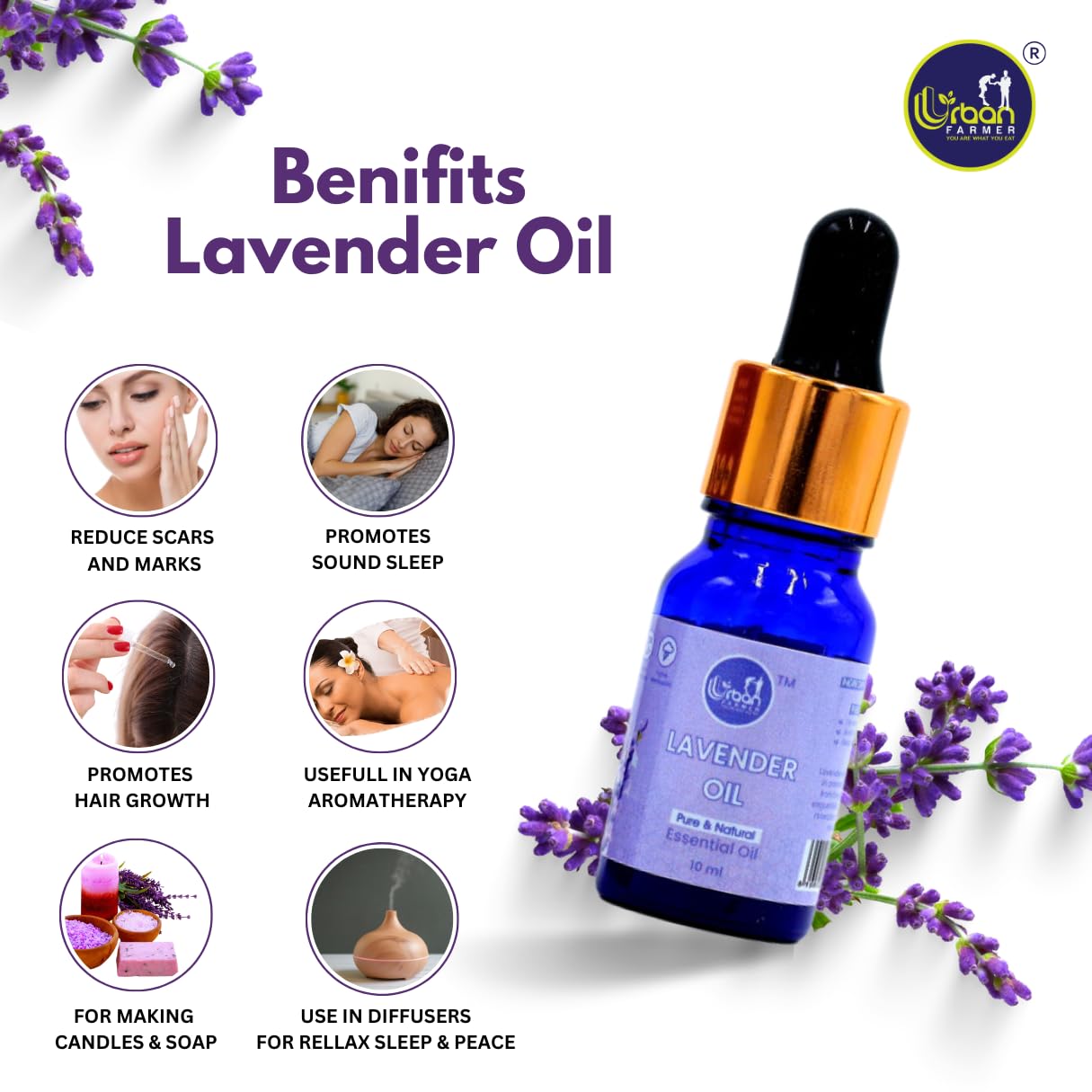 Urban Farmer Lavender Essential Oil - 100% Pure, Natural & Organic for Clear Skin & Healthy Hair | Calming & Soothing Care for Face, Scalp & Body | 10ML Bottle | Perfect for Aromatherapy, Massage & DIY Beauty Products