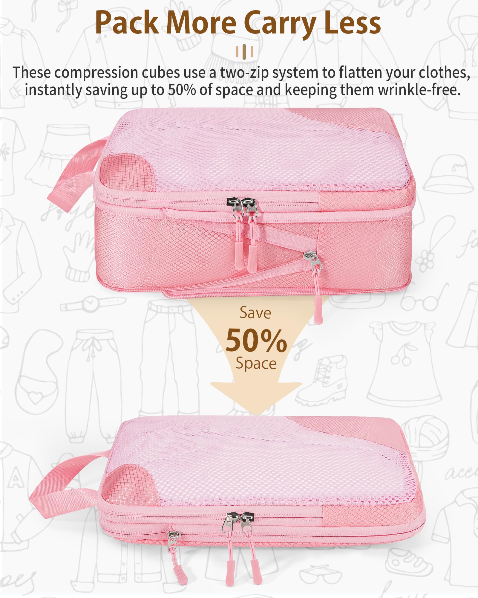 8-Piece Compression Packing Cubes Set - Expandable Travel Organizer Bags for Suitcases | Space-Saving Luggage Essentials | Perfect for Business Trips, Vacations & Weekend Getaways (Pink)