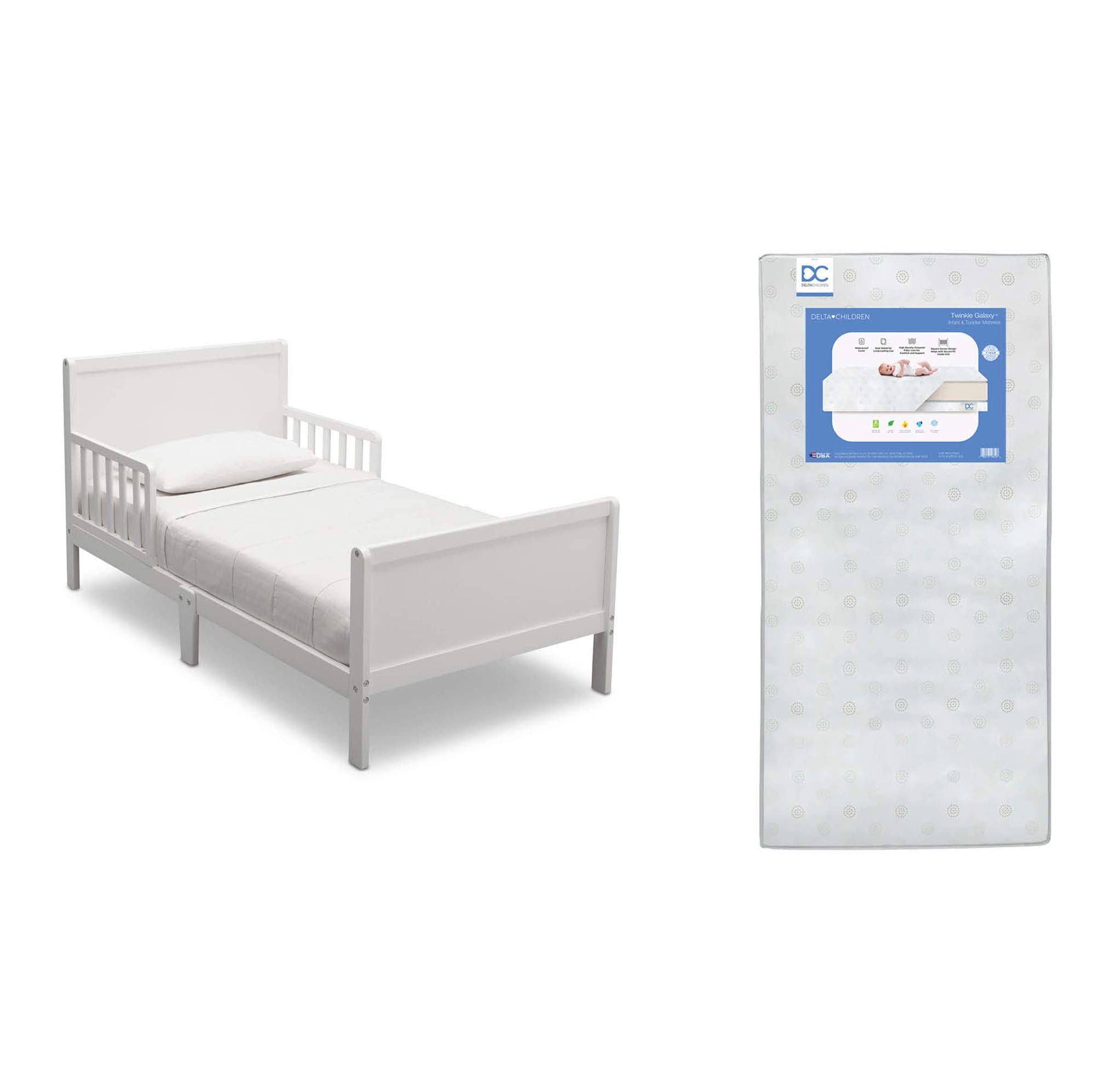 Delta Children Fancy Toddler Bed with Bianca Twinkle Galaxy Design & Dual-Sided Recycled Fiber Core Mattress - Safe Comfortable Nursery Bed for Kids 2-5 Years | Perfect for Bedrooms, Daycares & Sleepovers