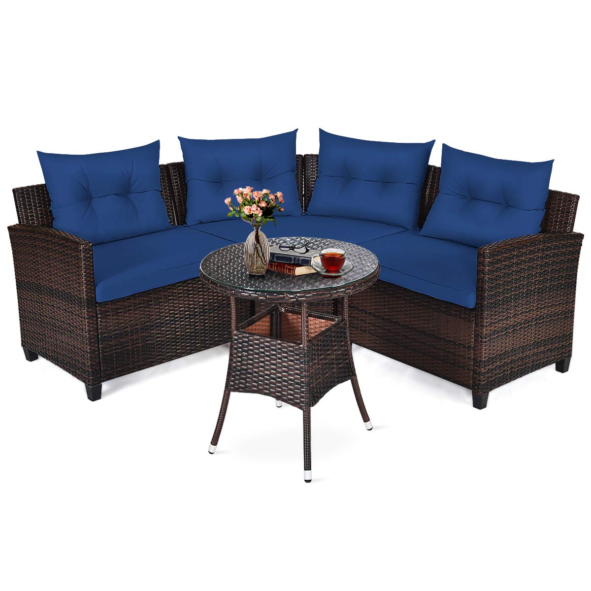Tangkula 4-Piece Outdoor Patio Furniture Set - Modern C-Shape Wicker Sectional Sofa with Cushions & Glass Coffee Table, Water-Resistant Rattan Deck Set for Garden, Poolside, Balcony, Backyard (Navy Blue) | Perfect for Outdoor Relaxation & Entertaining