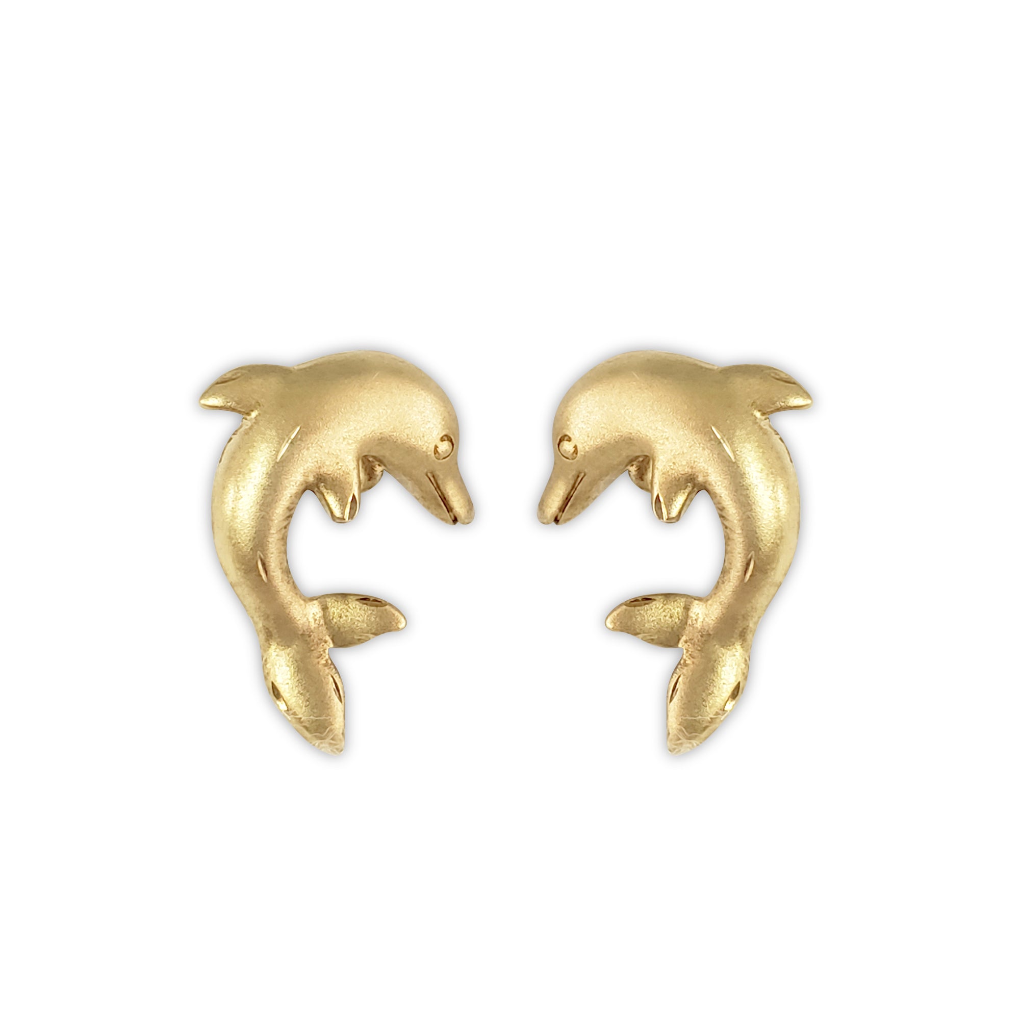 14k Yellow Gold Dolphin Stud Earrings - Matte Finish for Women, Perfect for Beach Vacations & Summer Outfits