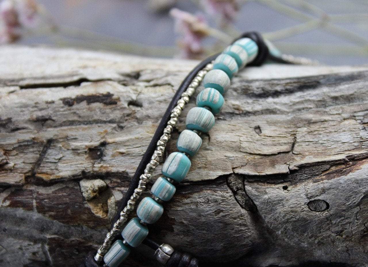 Hand Painted Blue Glass Beads & Thai Silver Beaded Bracelet for Women - Boho Chic Jewelry Gift for Birthday, Wedding, Party & Everyday Wear