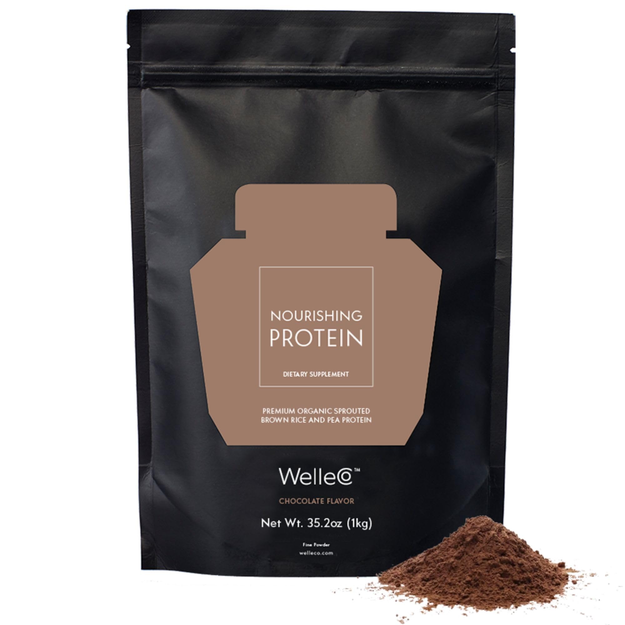 Organic Vegan Protein Powder - WelleCo Gluten Free Sprouted Brown Rice & Pea Protein Blend, 16g Plant Protein, Low Carb (6g), Dairy Free, Chocolate Flavor, 35.2oz Pouch - Perfect for Post-Workout Recovery, Energy Boost & Healthy Lifestyle