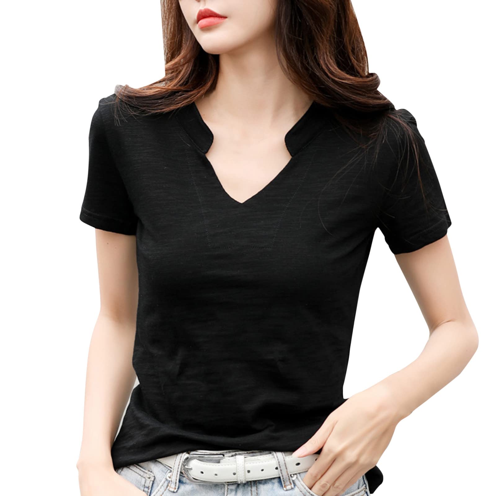 Women's V-Neck Short Sleeve Casual Button-Down T-Shirt & Tunic Top - Slim Fit Blouse for Daily Wear | Perfect for Work, Outings & Summer Outfits
