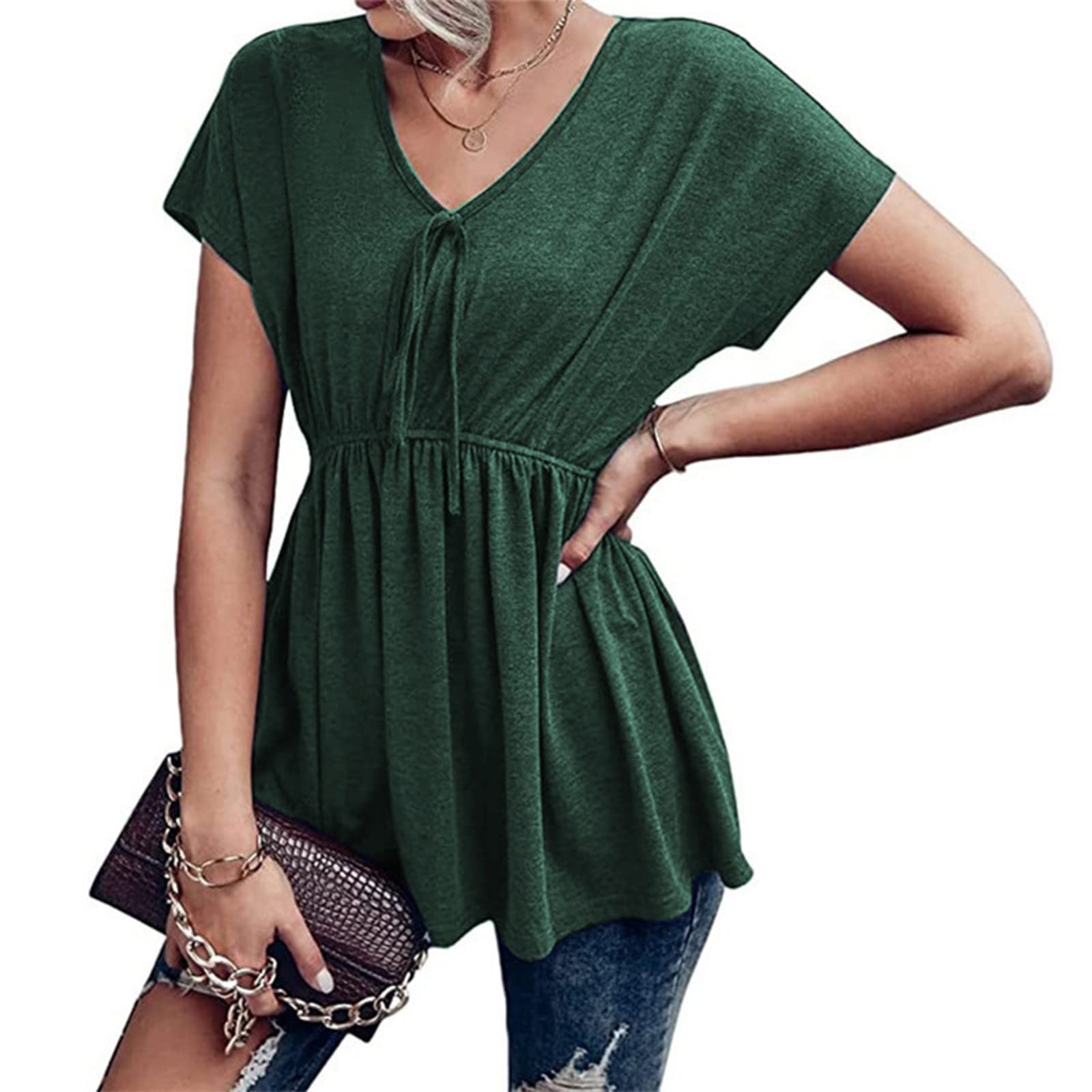 Women's Summer V-Neck Short Sleeve T-Shirt - Stretchy Bandage Casual Blouse & Tunic Top - Breathable Solid Color Ladies Tee for Beach, Travel & Everyday Wear
