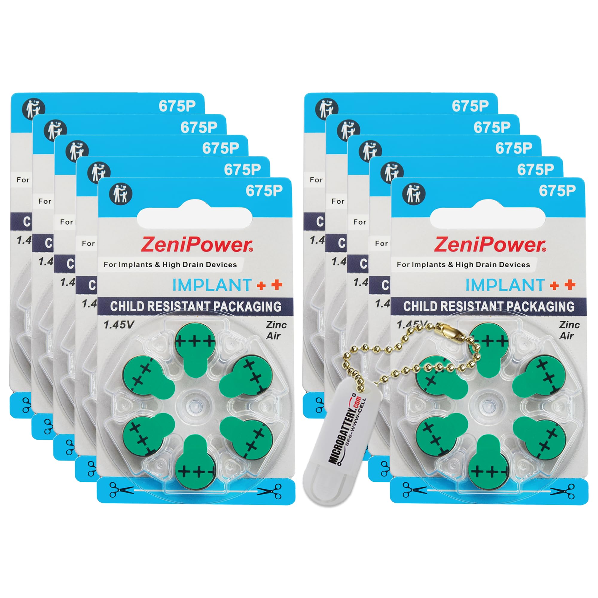60 ZeniPower Hearing Aid Batteries Size 675P - Long-Lasting Zinc Air Power for Cochlear Implants & Hearing Aids - Includes Convenient Battery Holder Keychain Kit - Perfect for Travel, Outdoor Activities & Daily Use