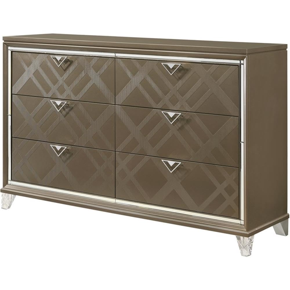 Acme Skylar 6-Drawer Wooden Dresser with Acrylic Legs in Dark Champagne - Stylish Bedroom Storage Solution for Master Bedroom, Guest Room or Dorm Organization