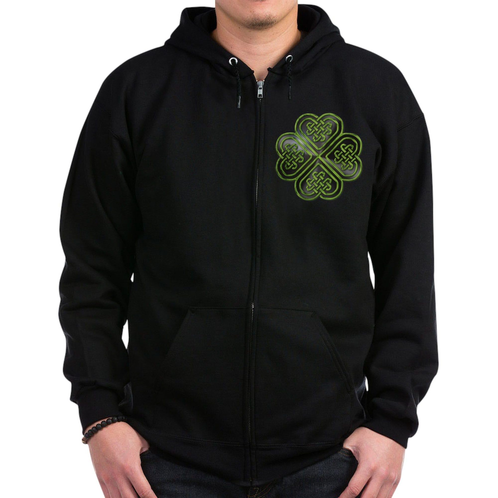 Celtic Knot Shamrock Zip Hoodie for Men - Dark Zip-Up Hooded Sweatshirt | St. Patrick's Day Apparel, Irish Heritage Clothing, Casual Winter Wear