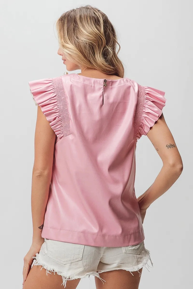 BiBi Leather Smocked Ruffled Top - Women's Fashion Blouse for Casual & Party Wear | Perfect for Date Nights, Office Outfits & Special Occasions