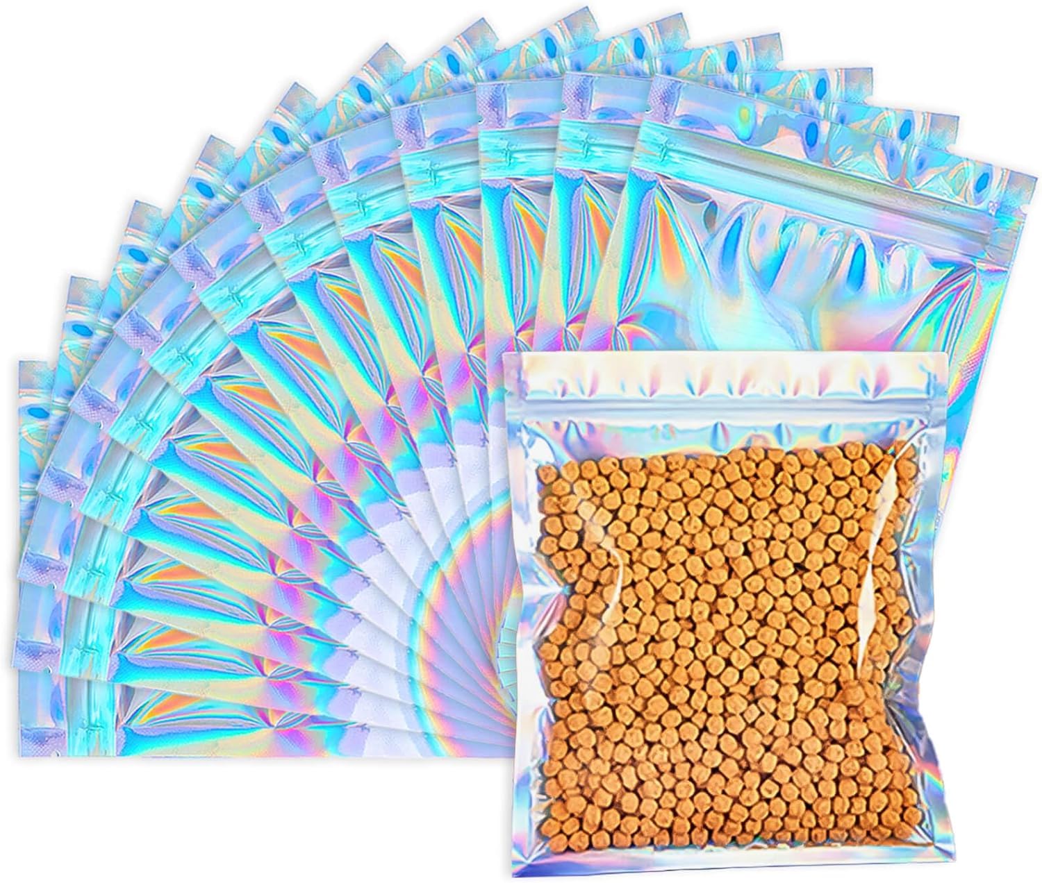8x10 Inch 100 Pack Smell Proof Resealable Holographic Bags - Cute Lip Gloss & Food Storage Bags | Airtight Packaging for Cosmetics, Snacks & Herbs | FDA Approved Food Safe Storage Solution