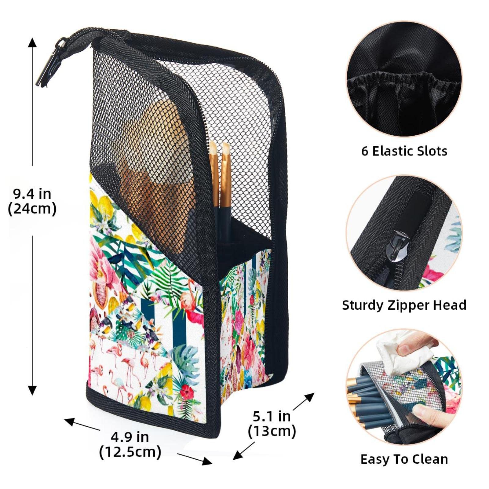 12-Piece Makeup Brush Organizer Bag with Colorful Tropical Flamingo Flower Design - Portable Waterproof Cosmetic Brush Holder Case for Travel, Home & Professional Makeup Artists