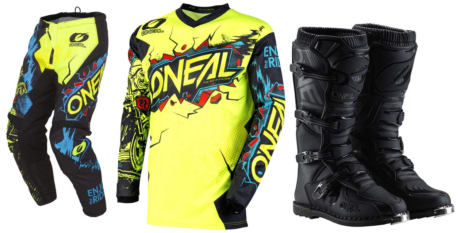 O'Neal Element Villain Yellow Offroad Jersey Pant Boots Combo - Motocross MX ATV Dirt Bike Racing Gear Set for Men (Size SM/W30/Boot 8) - Perfect for Trail Riding, Enduro & Off-Road Adventures