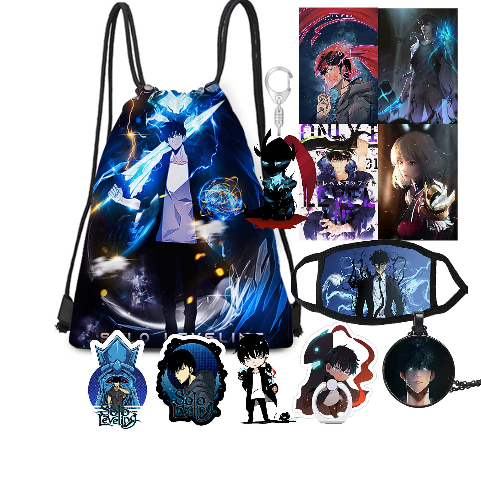 Solo Leveling Anime Merchandise - Backpack, Card Stickers, Keychain, Phone Holder, Pins, Mask & Necklace Set (Black) - Perfect for Cosplay, Gifts & Anime Collectors
