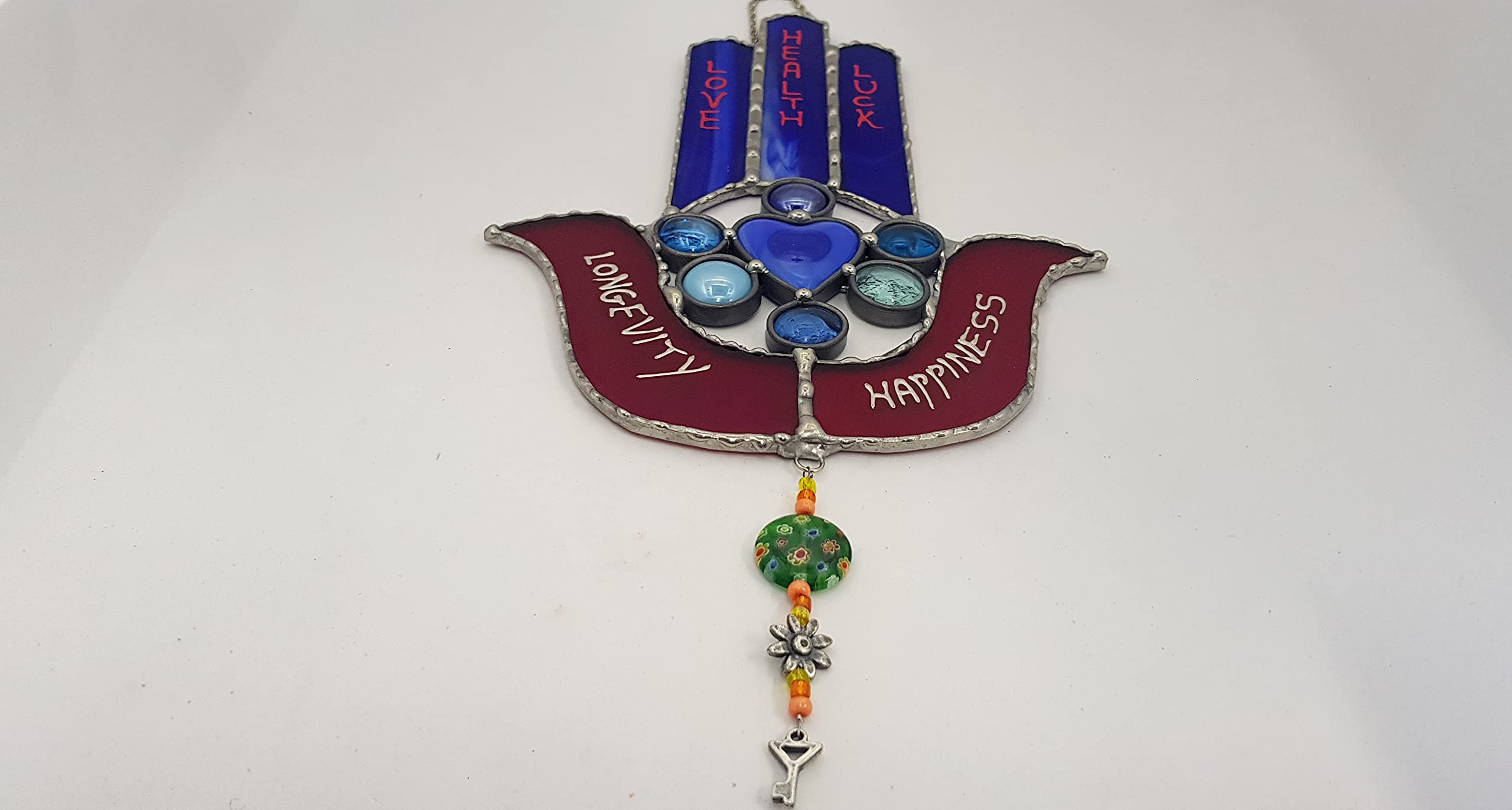 Beautiful Hamsa With 5 Blessings Stained Glass Wall Art - Spiritual Home Decor, Good Luck Gift for Jewish Holidays, Housewarming & Protection - Perfect for Living Room, Bedroom or Office Decor
