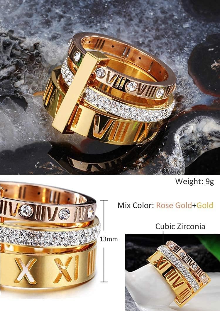 Stainless Steel CZ Zirconia Roman Numeral Ring for Women - 3 in 1 Trinity Wedding Band Set, Anniversary, Engagement, Promise Ring - Perfect for Bridal Jewelry, Gift Giving & Special Occasions
