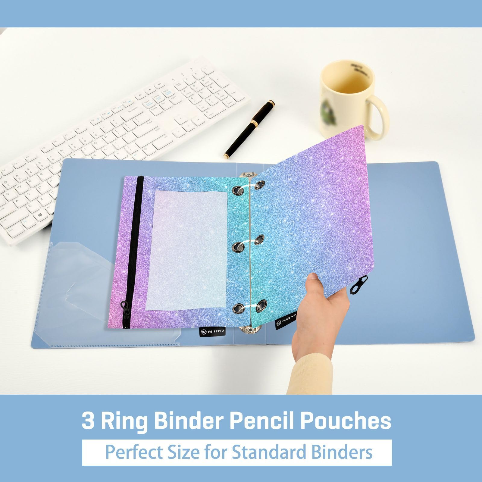 Gredecor Glitter 3-Ring Binder Pencil Pouch Set - 2 Pack Blue & Pink Zippered Pencil Cases, Clear School & Office Organizer for Folders, Notebooks & Supplies | Perfect for Students, Teachers & Professionals