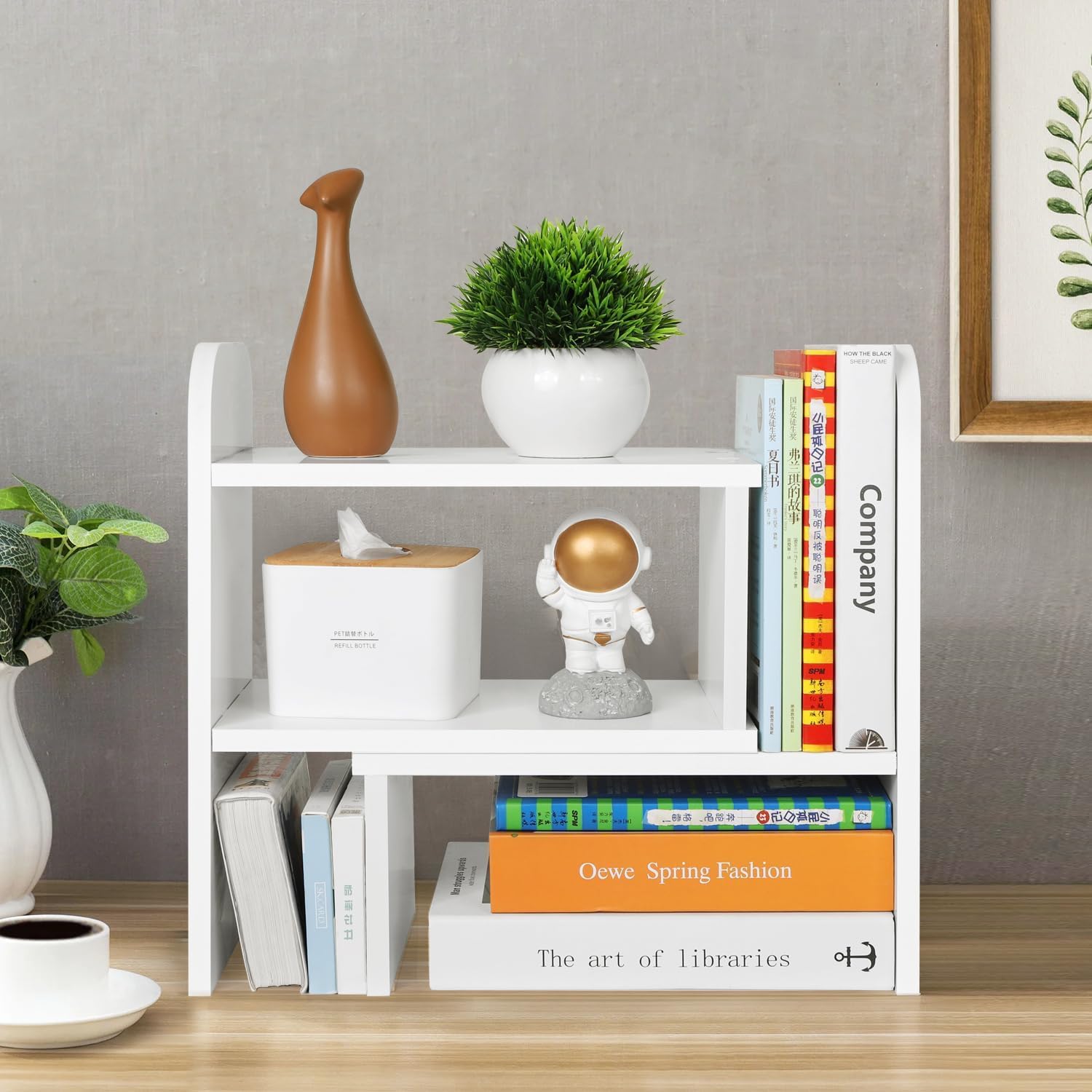 Adjustable Desktop Organizer Shelf - Office Desk Storage Rack with Expandable Design | Countertop Bookshelf & Small Table Shelves for Home & Office Organization | Perfect for Desk Accessories, Books, Files & Stationery (White)
